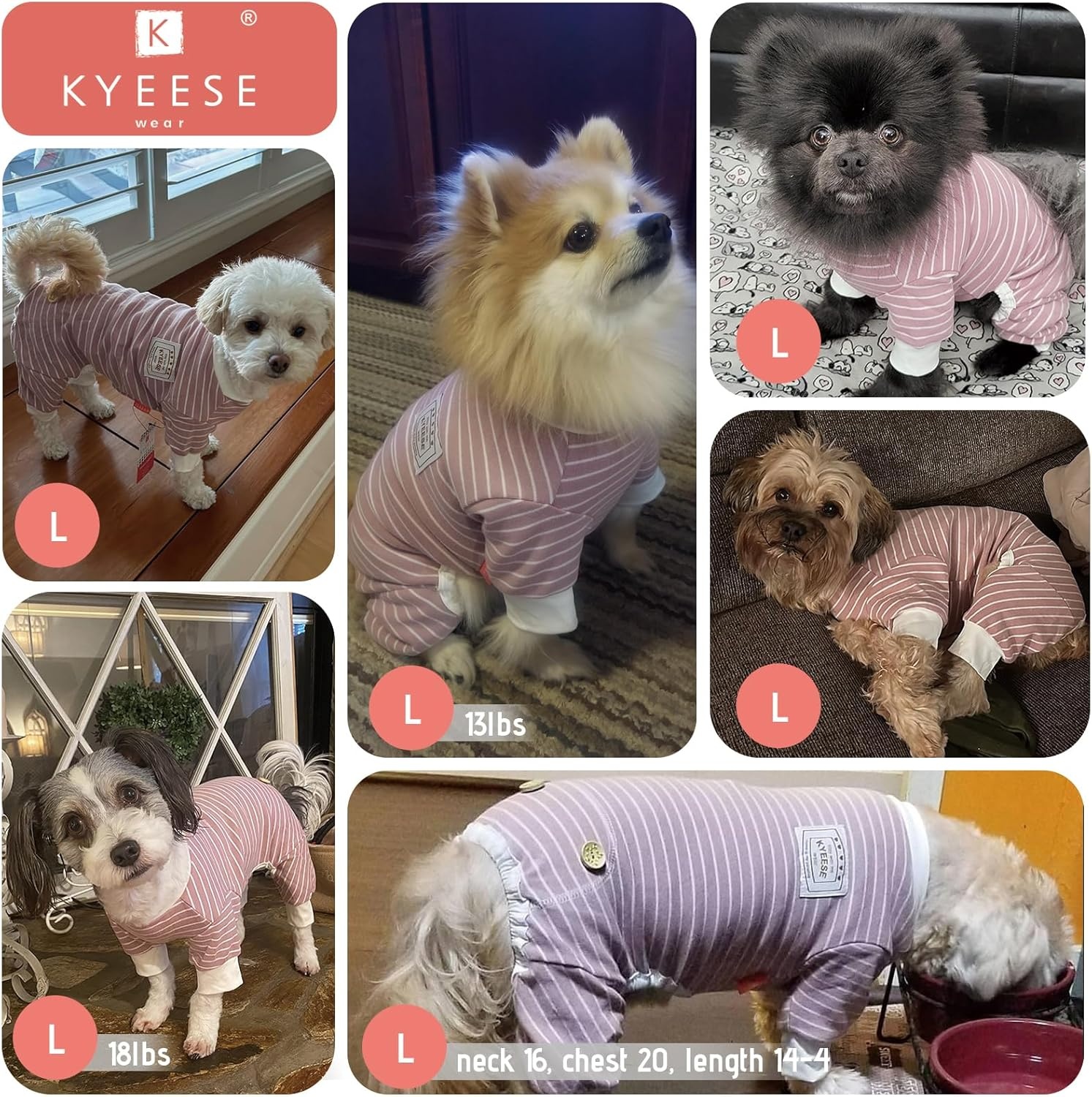 image:imageKYEESE Dog Pajamas Stretchable 4 Legs Doggie Jammies Striped Jumpsuit Lightweight Onesie Puppy Pajamas Cozy Outfit Comfortable Dog Clothes Hair Shedding Cover Pet Sleepwear Green Striped Medium10 Grey