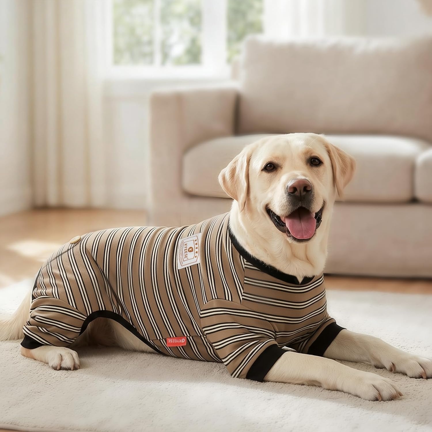 image:imageKYEESE Dog Pajamas Stretchable 4 Legs Doggie Jammies Striped Jumpsuit Lightweight Onesie Puppy Pajamas Cozy Outfit Comfortable Dog Clothes Hair Shedding Cover Pet Sleepwear Green Striped Medium05 Brown Stripe