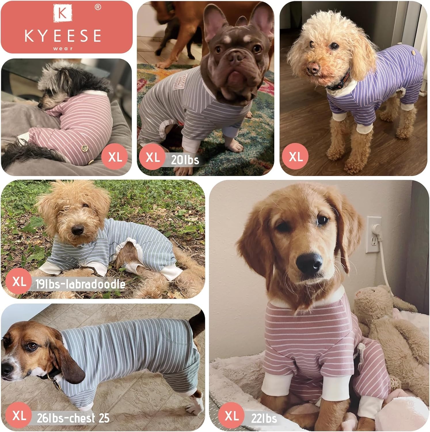 image:imageKYEESE Dog Pajamas Stretchable 4 Legs Doggie Jammies Striped Jumpsuit Lightweight Onesie Puppy Pajamas Cozy Outfit Comfortable Dog Clothes Hair Shedding Cover Pet Sleepwear Green Striped Medium10 Grey