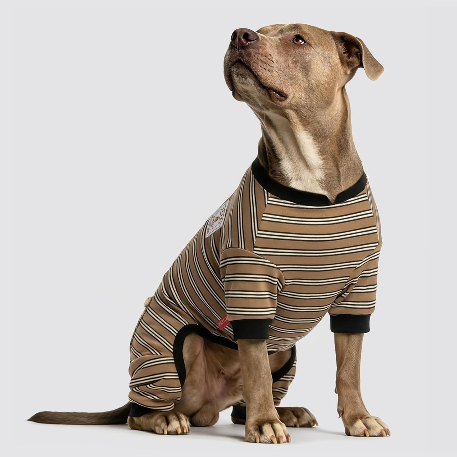 image:imageKYEESE Dog Pajamas Stretchable 4 Legs Doggie Jammies Striped Jumpsuit Lightweight Onesie Puppy Pajamas Cozy Outfit Comfortable Dog Clothes Hair Shedding Cover Pet Sleepwear Green Striped Medium05 Brown Stripe