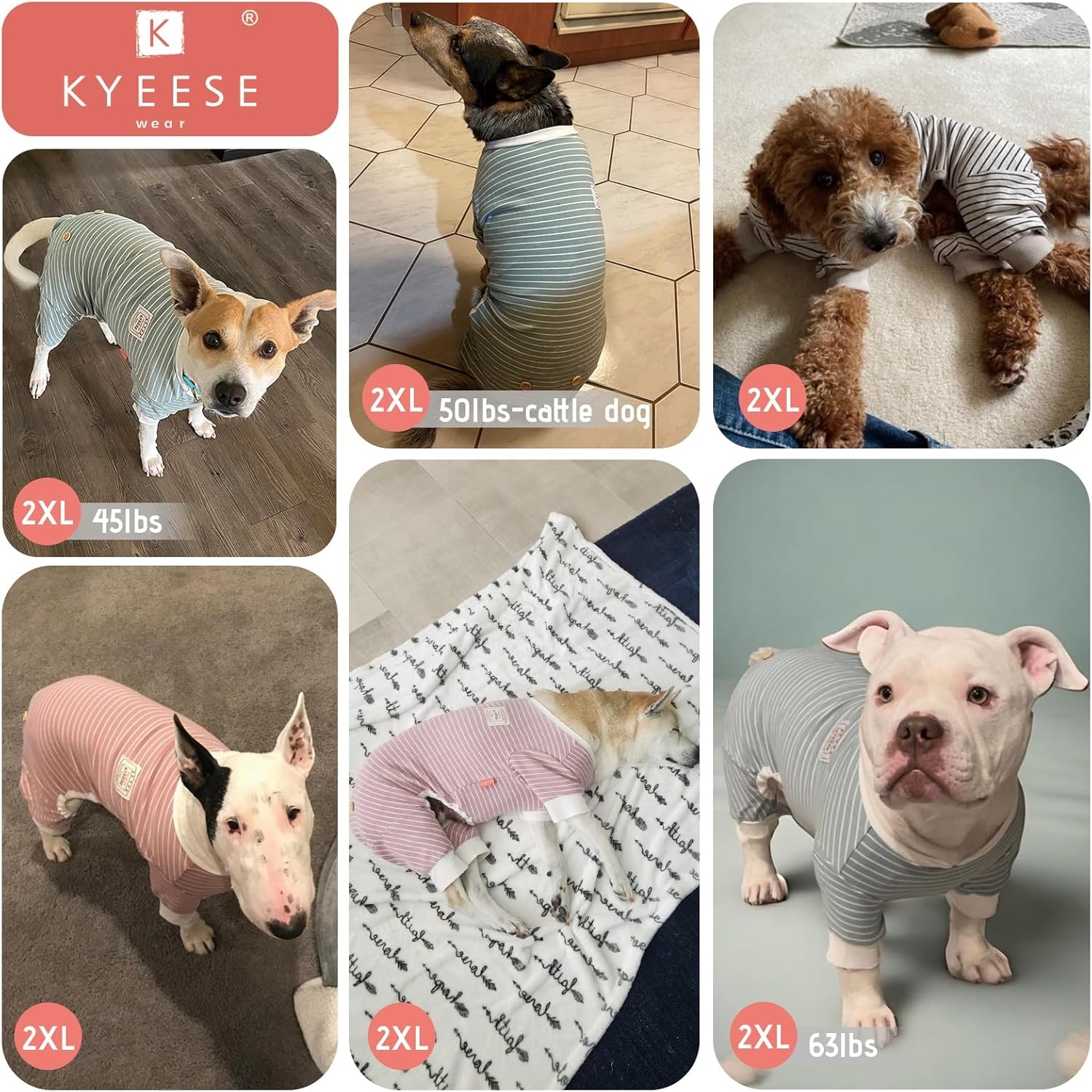 image:imageKYEESE Dog Pajamas Stretchable 4 Legs Doggie Jammies Striped Jumpsuit Lightweight Onesie Puppy Pajamas Cozy Outfit Comfortable Dog Clothes Hair Shedding Cover Pet Sleepwear Green Striped Medium09 Pink
