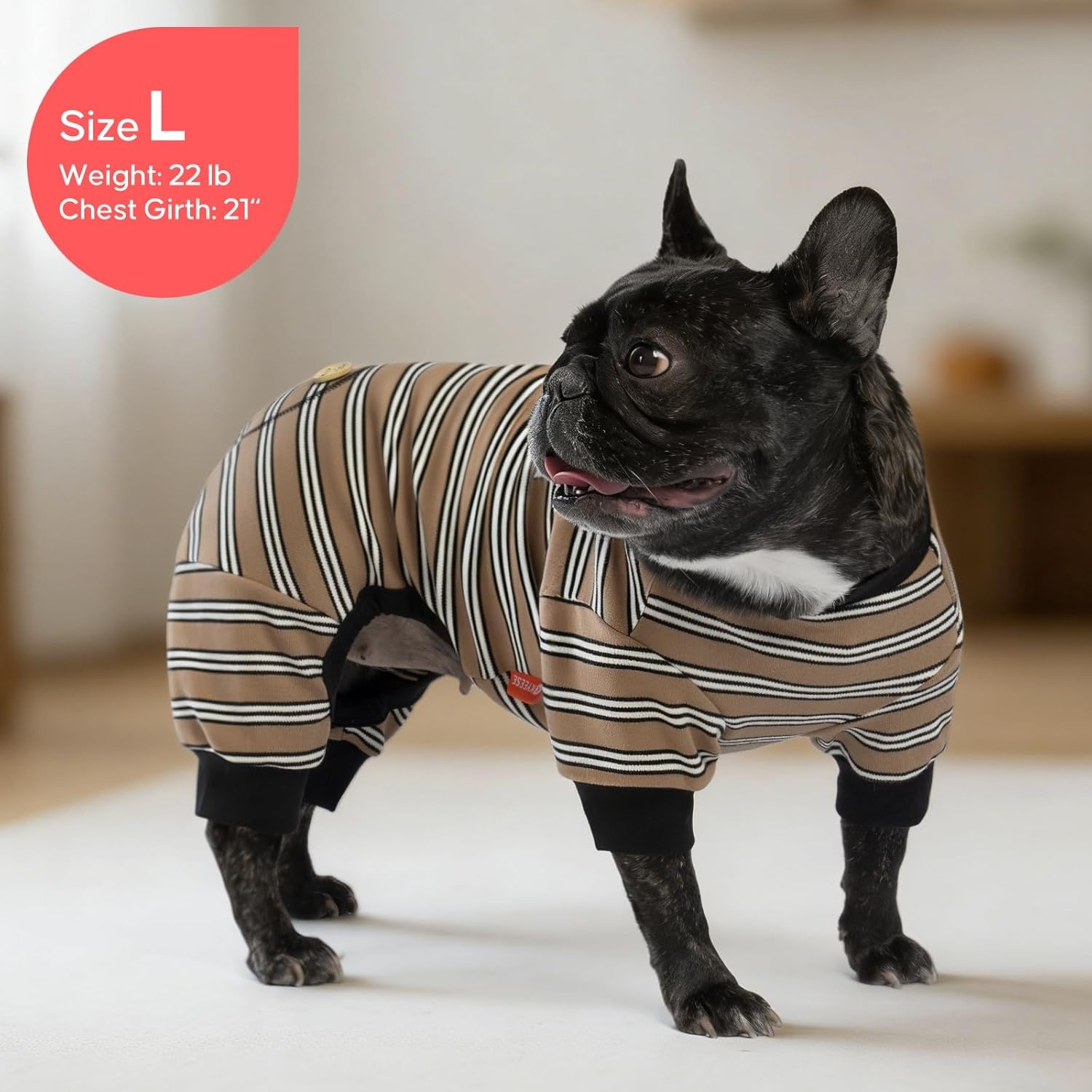 image:imageKYEESE Dog Pajamas Stretchable 4 Legs Doggie Jammies Striped Jumpsuit Lightweight Onesie Puppy Pajamas Cozy Outfit Comfortable Dog Clothes Hair Shedding Cover Pet Sleepwear Green Striped Medium05 Brown Stripe