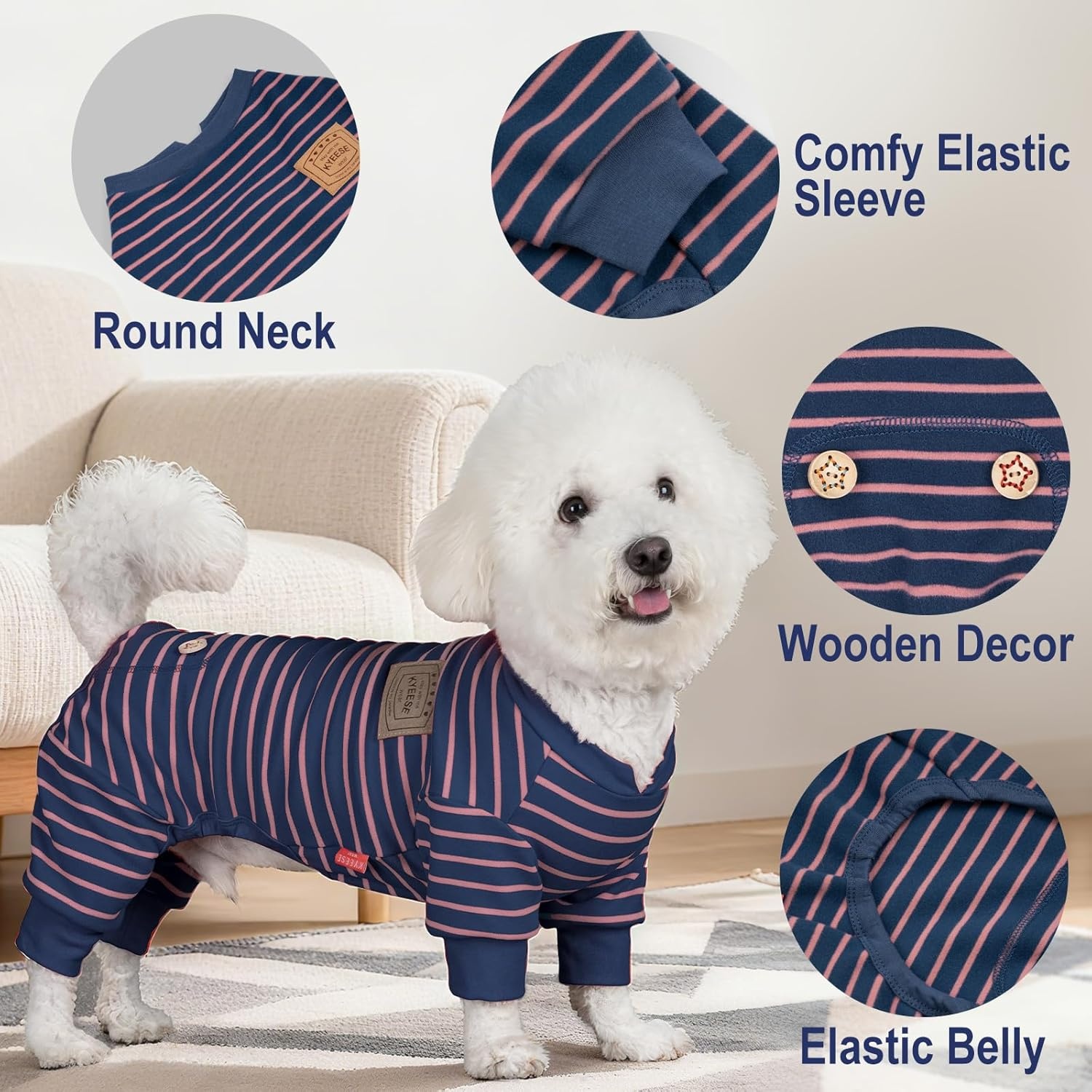 image:imageKYEESE Dog Pajamas Stretchable 4 Legs Doggie Jammies Striped Jumpsuit Lightweight Onesie Puppy Pajamas Cozy Outfit Comfortable Dog Clothes Hair Shedding Cover Pet Sleepwear Green Striped Medium06 Navy Blue Stripe