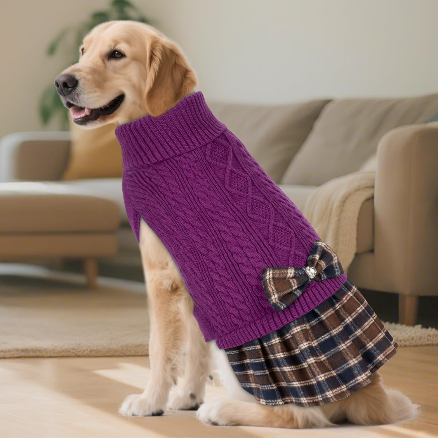 image:imageKYEESE Dog Sweater Thick Dog Sweaters for Small Dogs Male Stretchy Knitwear Pet Sweater Dress Warm Pullover Pet Coats Comfy Dogs Clothes with Bowtie Soft Turtleneck Cat Sweaters Green Medium07 purple