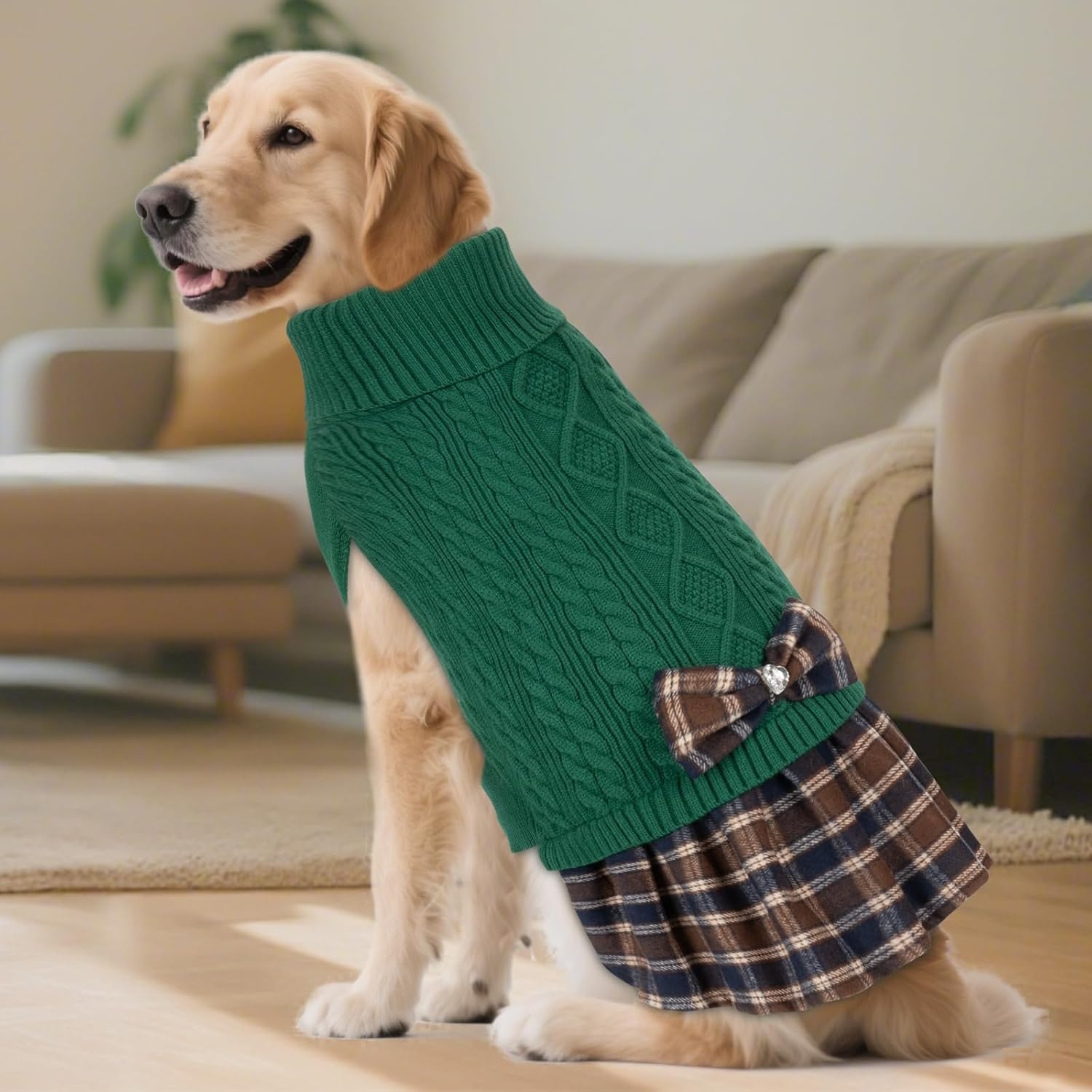 image:imageKYEESE Dog Sweater Thick Dog Sweaters for Small Dogs Male Stretchy Knitwear Pet Sweater Dress Warm Pullover Pet Coats Comfy Dogs Clothes with Bowtie Soft Turtleneck Cat Sweaters Green Medium08 Green