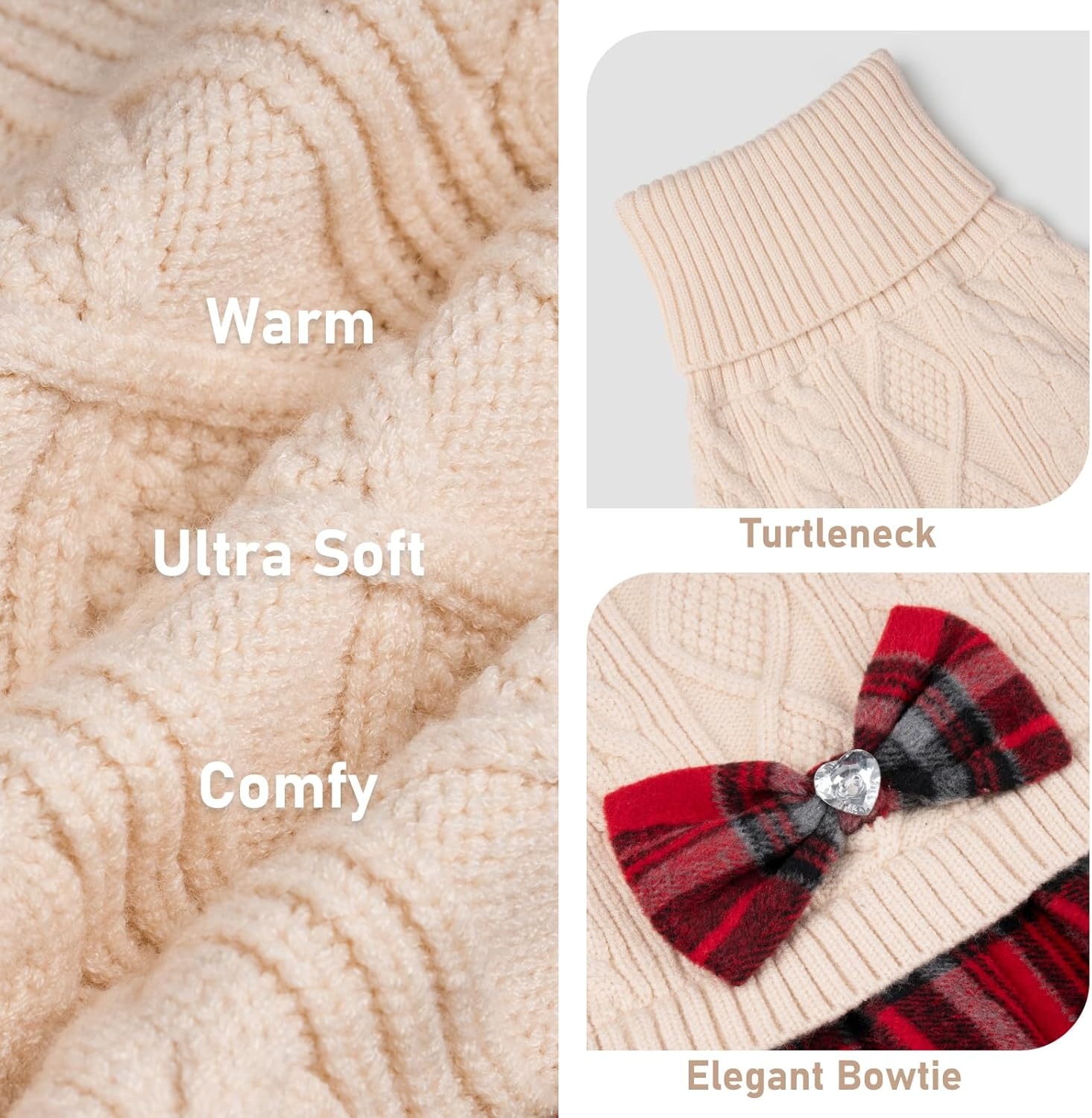 image:imageKYEESE Dog Sweater Thick Dog Sweaters for Small Dogs Male Stretchy Knitwear Pet Sweater Dress Warm Pullover Pet Coats Comfy Dogs Clothes with Bowtie Soft Turtleneck Cat Sweaters Green Medium01 Beige