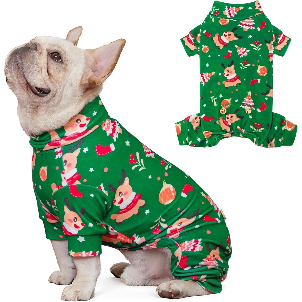 image:imageKYEESE Dog Christmas Pajamas Turtleneck Dog Pajamas for Small Dogs Soft Velvet Holiday Pet Onesie with 4 Legs Lightweight Onesie Cozy Warm Pet Sleepwear Cute Festive Doggie Outfit Medium03 ChristmasGreen