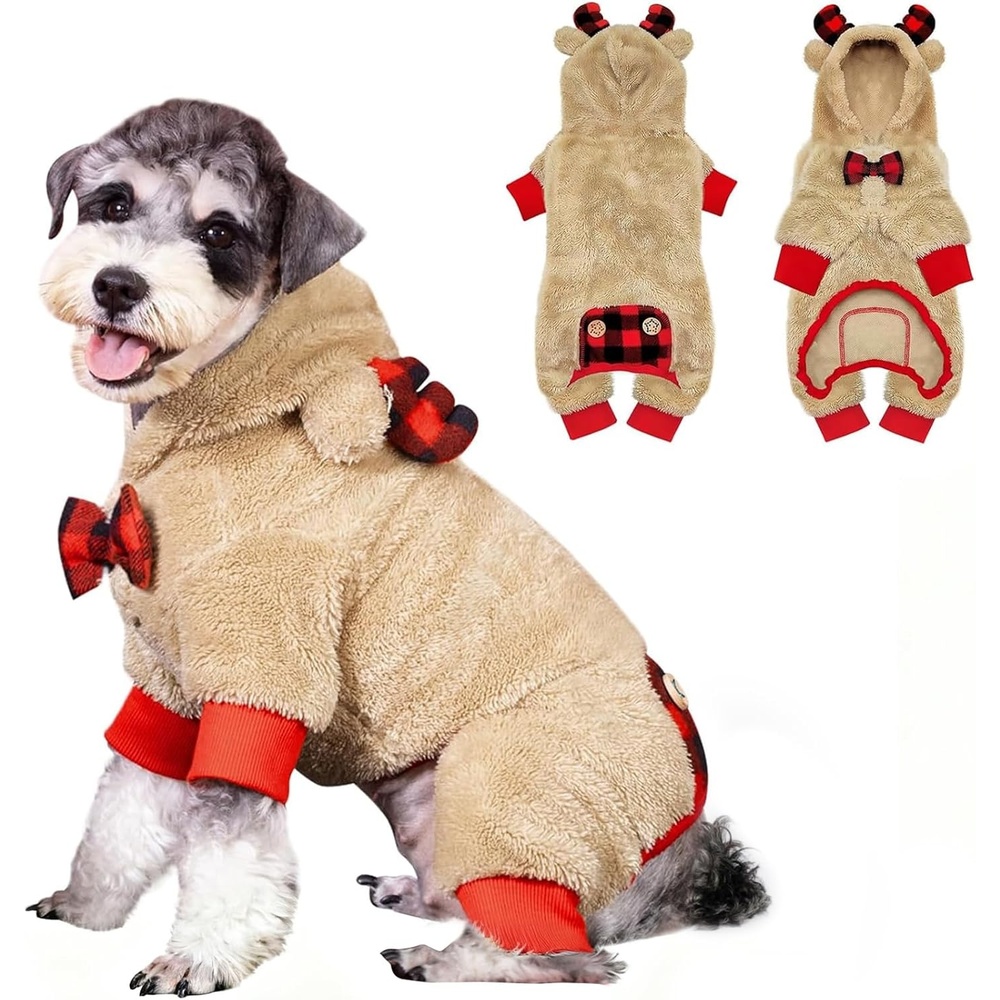 image:imageKYEESE Dog Christmas Pajamas with Reindeer Antler Hood Warm and Cozy Dog Pjs for Small Dogs Red Buffalo Check Holiday Pet Onesie Soft Winter Sleepwear Medium01 Christmas Reindeer