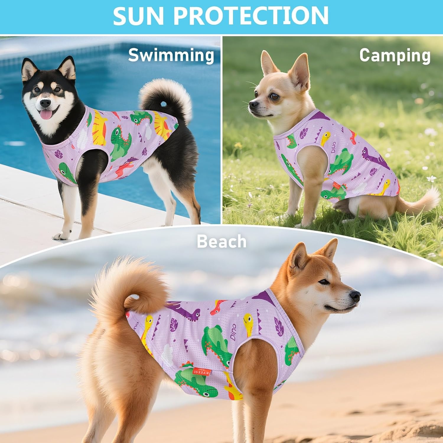 image:imageKYEESE 2Pack Dog Shirt Lightweight Sun Protection Dog T Shirts for Small Dogs Girl Breathable Mesh Tank Top Sleeveless Pet Reflective Vest Soft Summer Dogs Clothes LemonPink M3 2Pack DinosaurPurple