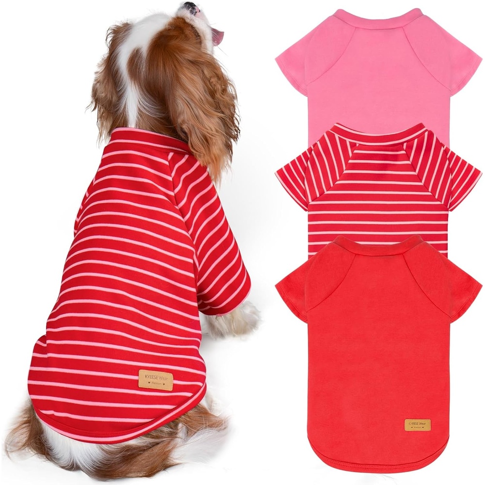 image:imageKYEESE 2Pack Dog Sweater Soft Puppy Sweatshirt Stretchy Pullover Dog Sweater for Small Dogs Girl Boy Lightweight Fleece Cat Shirt Pet Clothes with Sleeves M07 3PackRedPinkRed Stripe