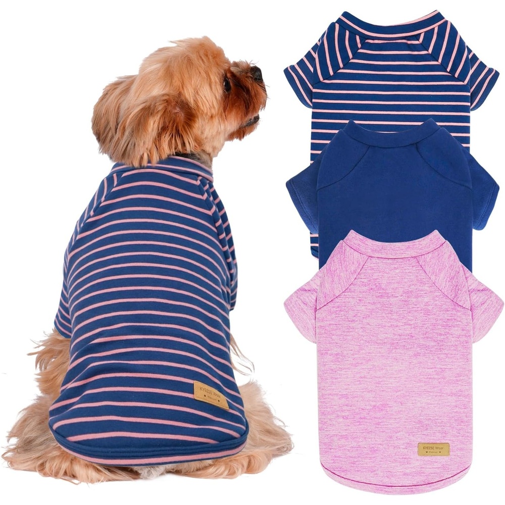 image:imageKYEESE 2Pack Dog Sweater Soft Puppy Sweatshirt Stretchy Pullover Dog Sweater for Small Dogs Girl Boy Lightweight Fleece Cat Shirt Pet Clothes with Sleeves M06 3PackPinkBlueStripe