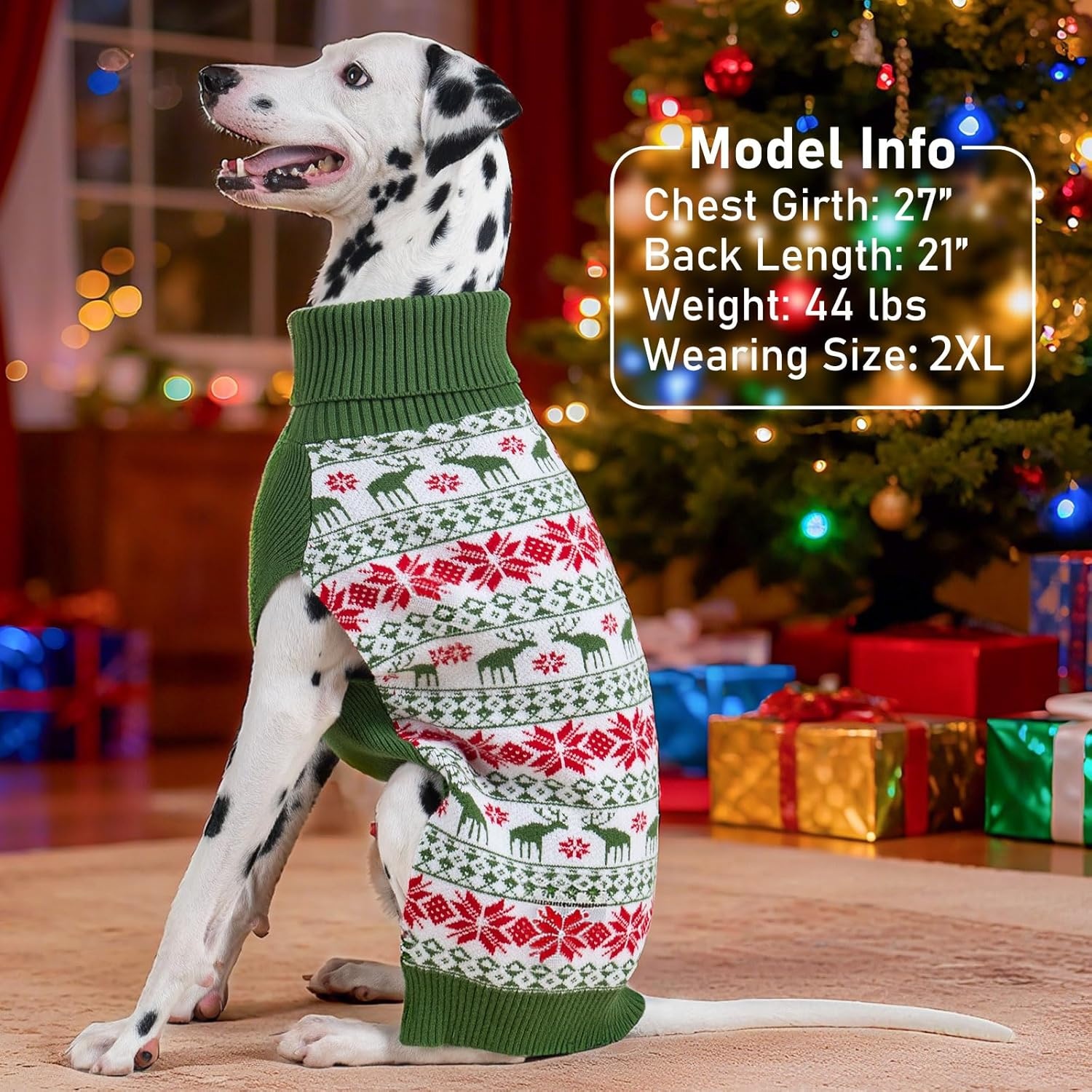 image:imageKYEESE Dog Christmas Sweater with Reindeer Pattern Cozy Holiday Outfit Turtleneck Dog Sweater for Small Dogs with Leash Hole Red Buffalo Plaid Knitwear Soft Warm Festival Dogs Clothes Large5 ChristmasGreen