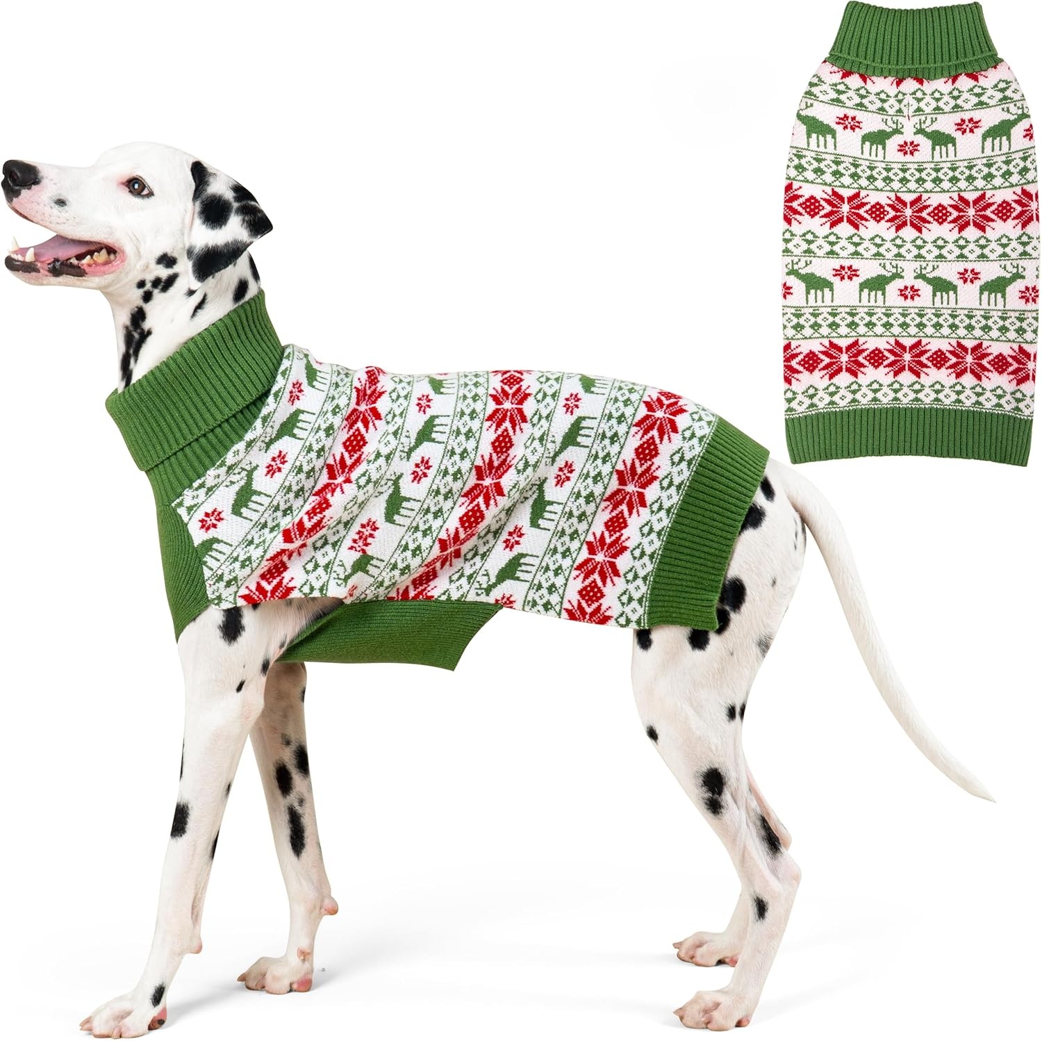 image:imageKYEESE Dog Christmas Sweater with Reindeer Pattern Cozy Holiday Outfit Turtleneck Dog Sweater for Small Dogs with Leash Hole Red Buffalo Plaid Knitwear Soft Warm Festival Dogs Clothes Large5 ChristmasGreen
