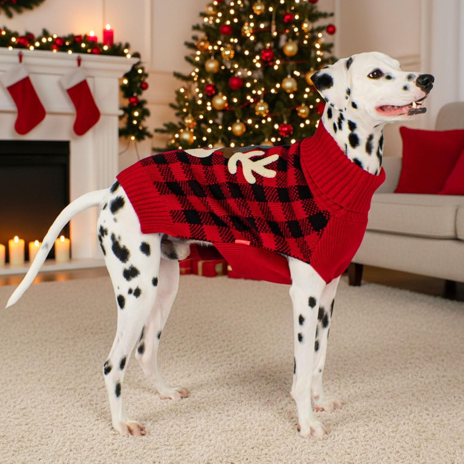 image:imageKYEESE Dog Christmas Sweater with Reindeer Pattern Cozy Holiday Outfit Turtleneck Dog Sweater for Small Dogs with Leash Hole Red Buffalo Plaid Knitwear Soft Warm Festival Dogs Clothes Large3Christmas