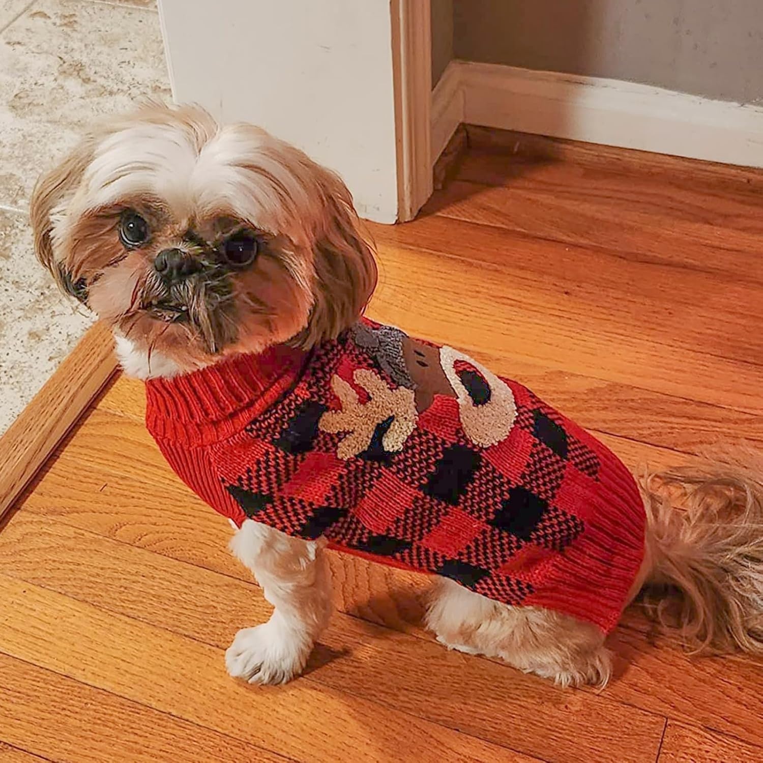 image:imageKYEESE Dog Christmas Sweater with Reindeer Pattern Cozy Holiday Outfit Turtleneck Dog Sweater for Small Dogs with Leash Hole Red Buffalo Plaid Knitwear Soft Warm Festival Dogs Clothes Large3Christmas