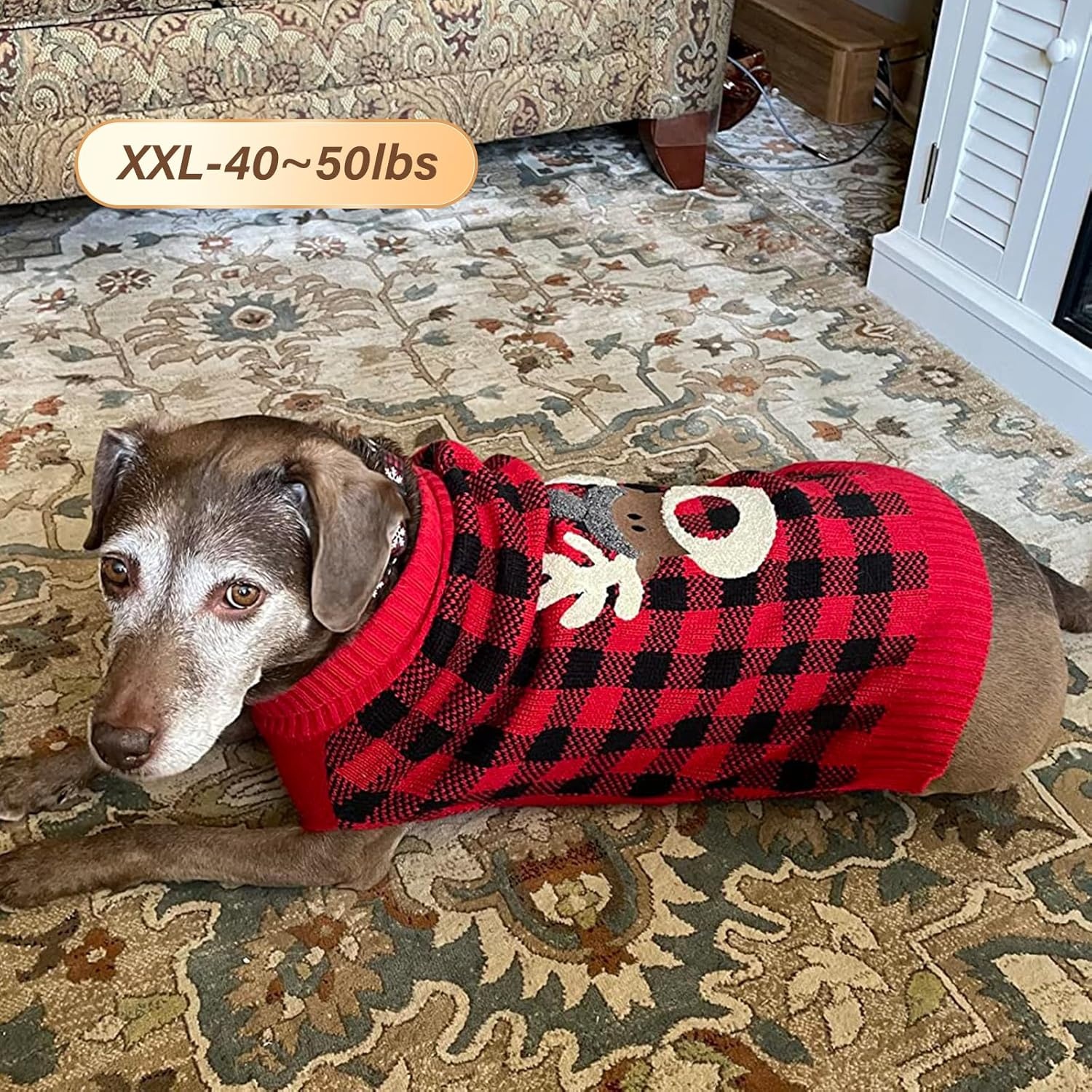 image:imageKYEESE Dog Christmas Sweater with Reindeer Pattern Cozy Holiday Outfit Turtleneck Dog Sweater for Small Dogs with Leash Hole Red Buffalo Plaid Knitwear Soft Warm Festival Dogs Clothes Large3Christmas