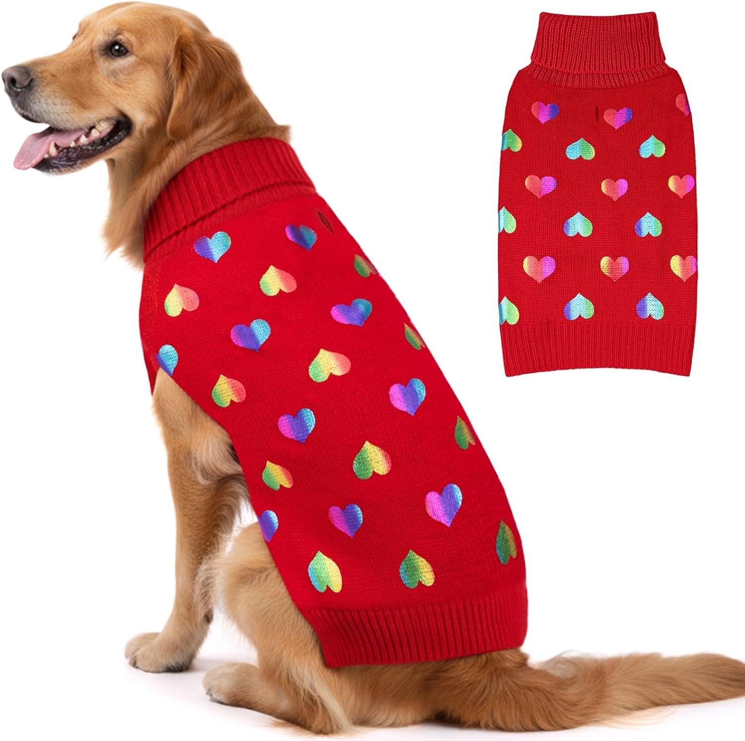 image:imageKYEESE Dog Christmas Sweater with Reindeer Pattern Cozy Holiday Outfit Turtleneck Dog Sweater for Small Dogs with Leash Hole Red Buffalo Plaid Knitwear Soft Warm Festival Dogs Clothes Large2 Heart Red