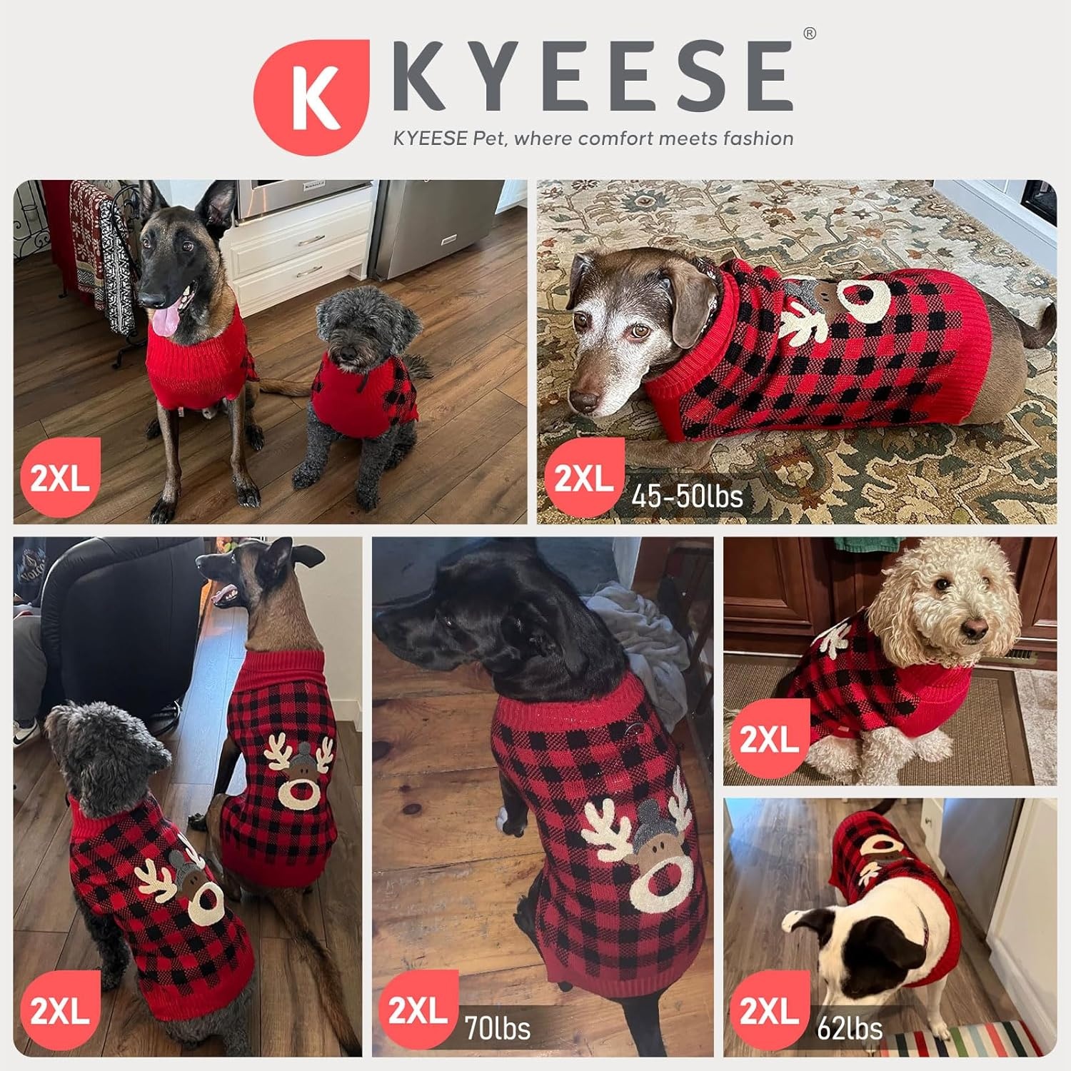 image:imageKYEESE Dog Christmas Sweater with Reindeer Pattern Cozy Holiday Outfit Turtleneck Dog Sweater for Small Dogs with Leash Hole Red Buffalo Plaid Knitwear Soft Warm Festival Dogs Clothes Large3Christmas