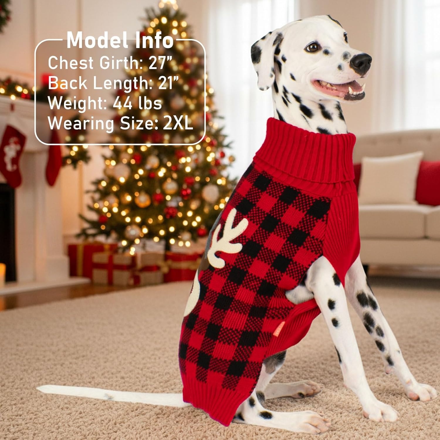 image:imageKYEESE Dog Christmas Sweater with Reindeer Pattern Cozy Holiday Outfit Turtleneck Dog Sweater for Small Dogs with Leash Hole Red Buffalo Plaid Knitwear Soft Warm Festival Dogs Clothes Large3Christmas