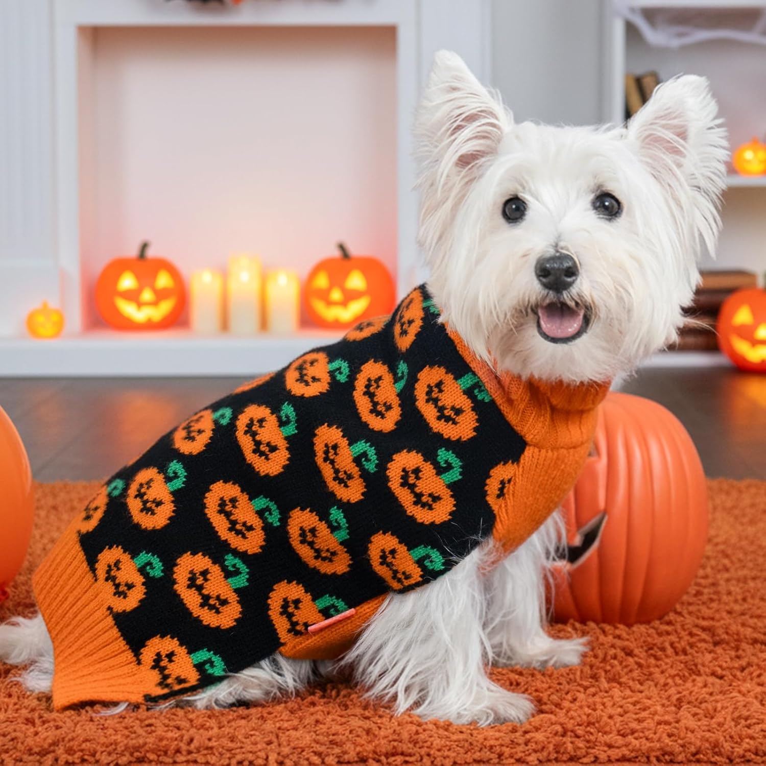 image:imageKYEESE Dog Christmas Sweater with Reindeer Pattern Cozy Holiday Outfit Turtleneck Dog Sweater for Small Dogs with Leash Hole Red Buffalo Plaid Knitwear Soft Warm Festival Dogs Clothes Large6Halloween