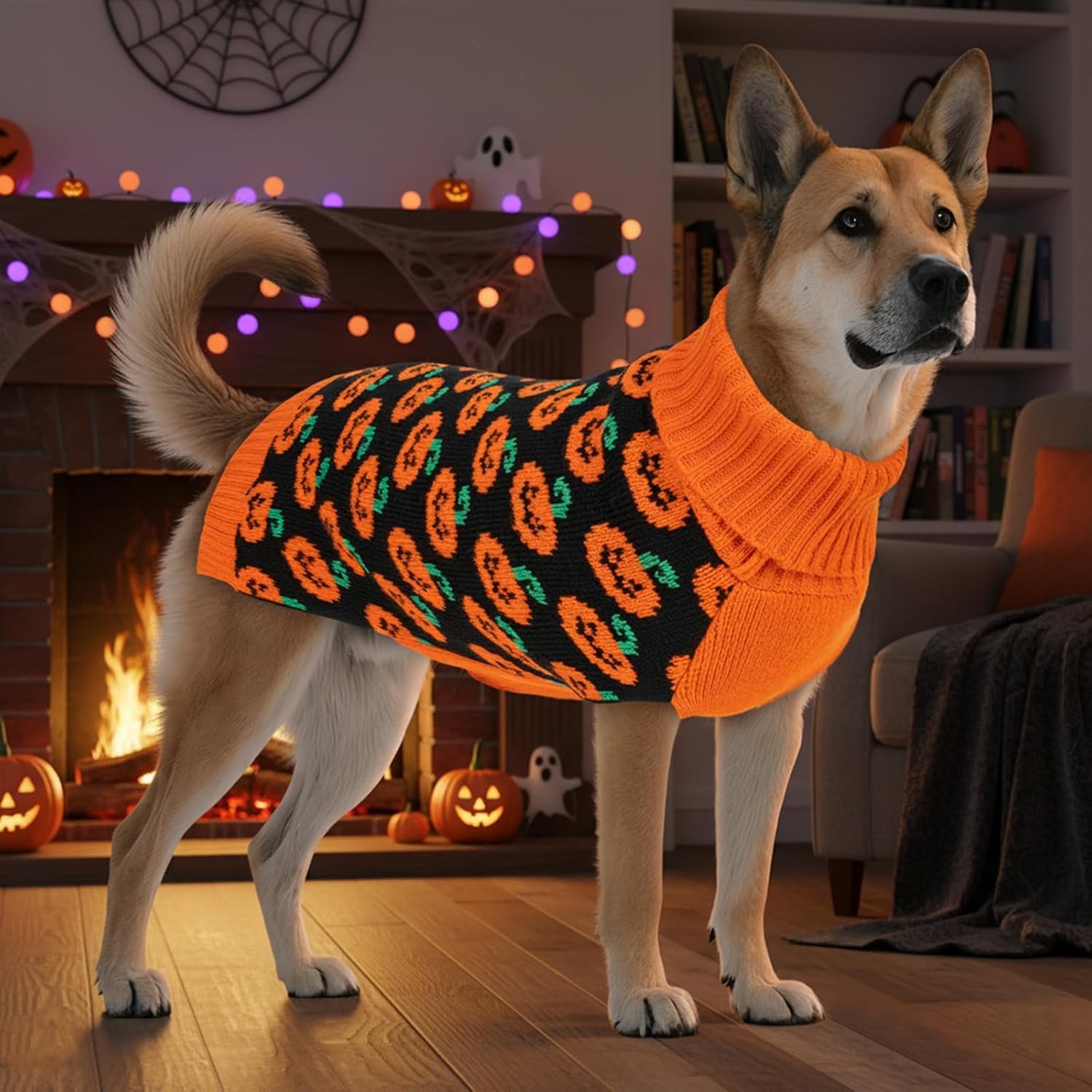 image:imageKYEESE Dog Christmas Sweater with Reindeer Pattern Cozy Holiday Outfit Turtleneck Dog Sweater for Small Dogs with Leash Hole Red Buffalo Plaid Knitwear Soft Warm Festival Dogs Clothes Large6Halloween