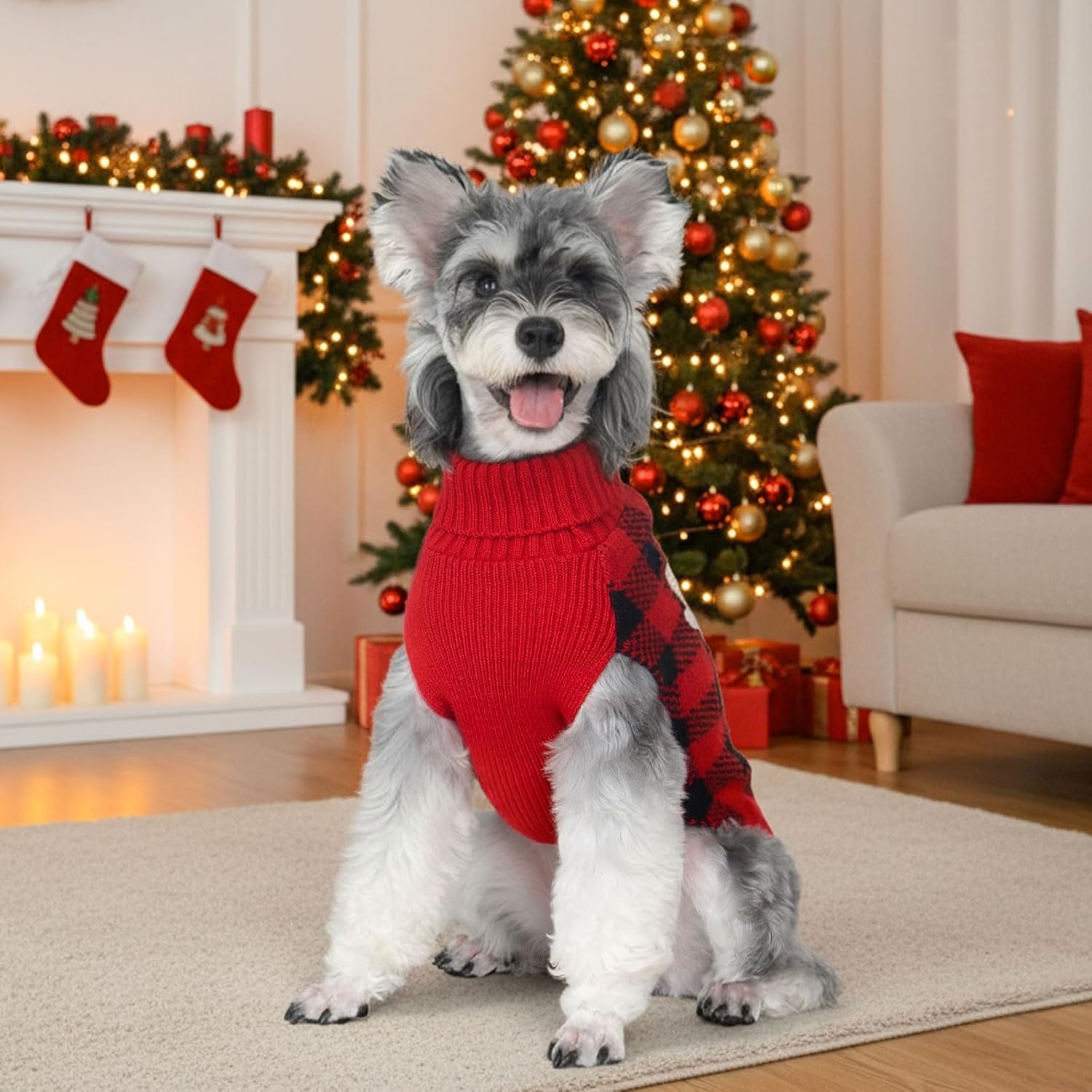 image:imageKYEESE Dog Christmas Sweater with Reindeer Pattern Cozy Holiday Outfit Turtleneck Dog Sweater for Small Dogs with Leash Hole Red Buffalo Plaid Knitwear Soft Warm Festival Dogs Clothes Large3Christmas