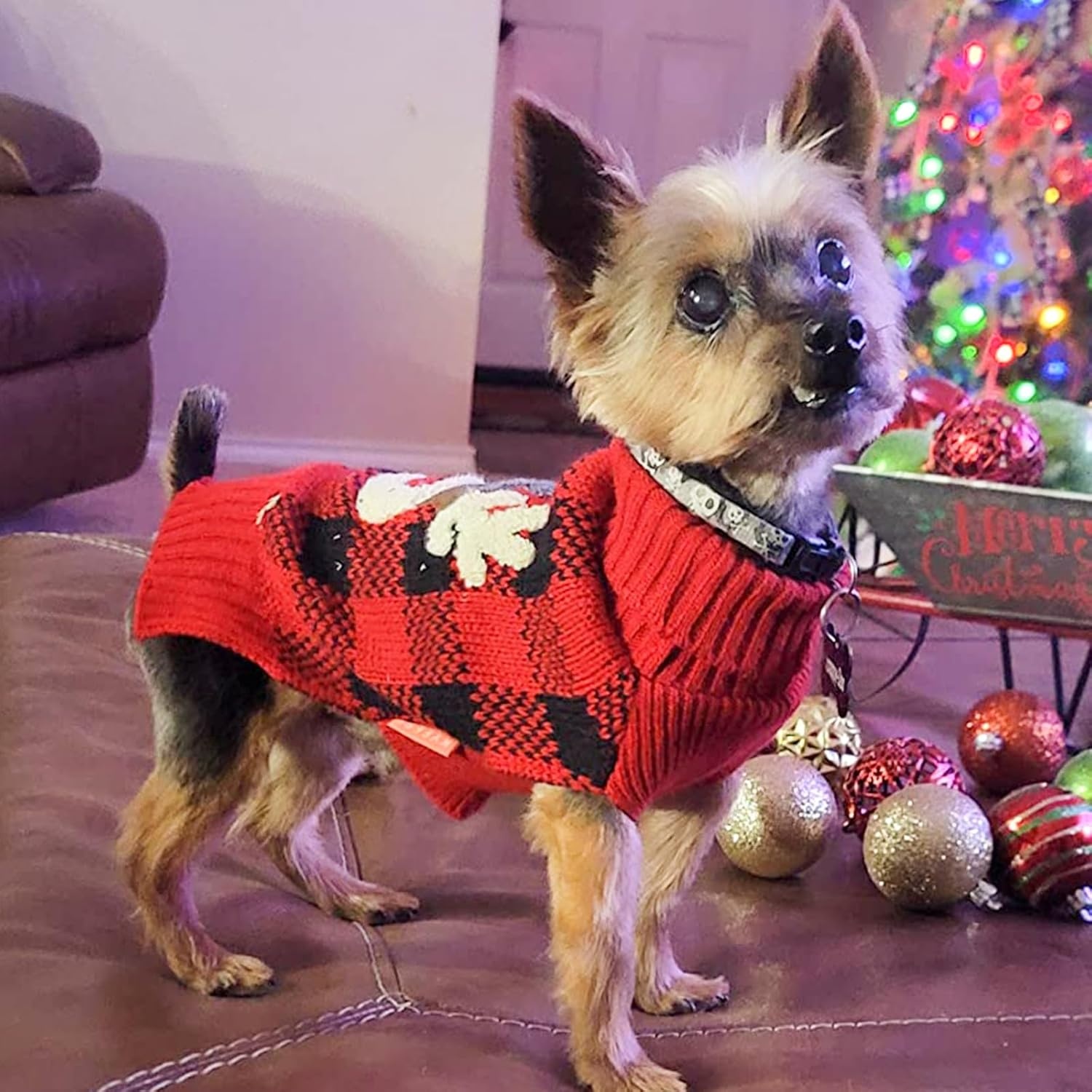 image:imageKYEESE Dog Christmas Sweater with Reindeer Pattern Cozy Holiday Outfit Turtleneck Dog Sweater for Small Dogs with Leash Hole Red Buffalo Plaid Knitwear Soft Warm Festival Dogs Clothes Large3Christmas