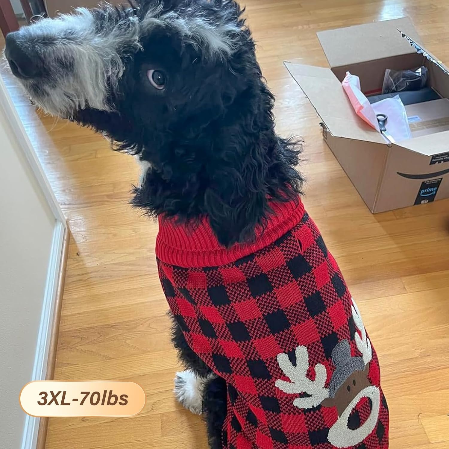 image:imageKYEESE Dog Christmas Sweater with Reindeer Pattern Cozy Holiday Outfit Turtleneck Dog Sweater for Small Dogs with Leash Hole Red Buffalo Plaid Knitwear Soft Warm Festival Dogs Clothes Large3Christmas
