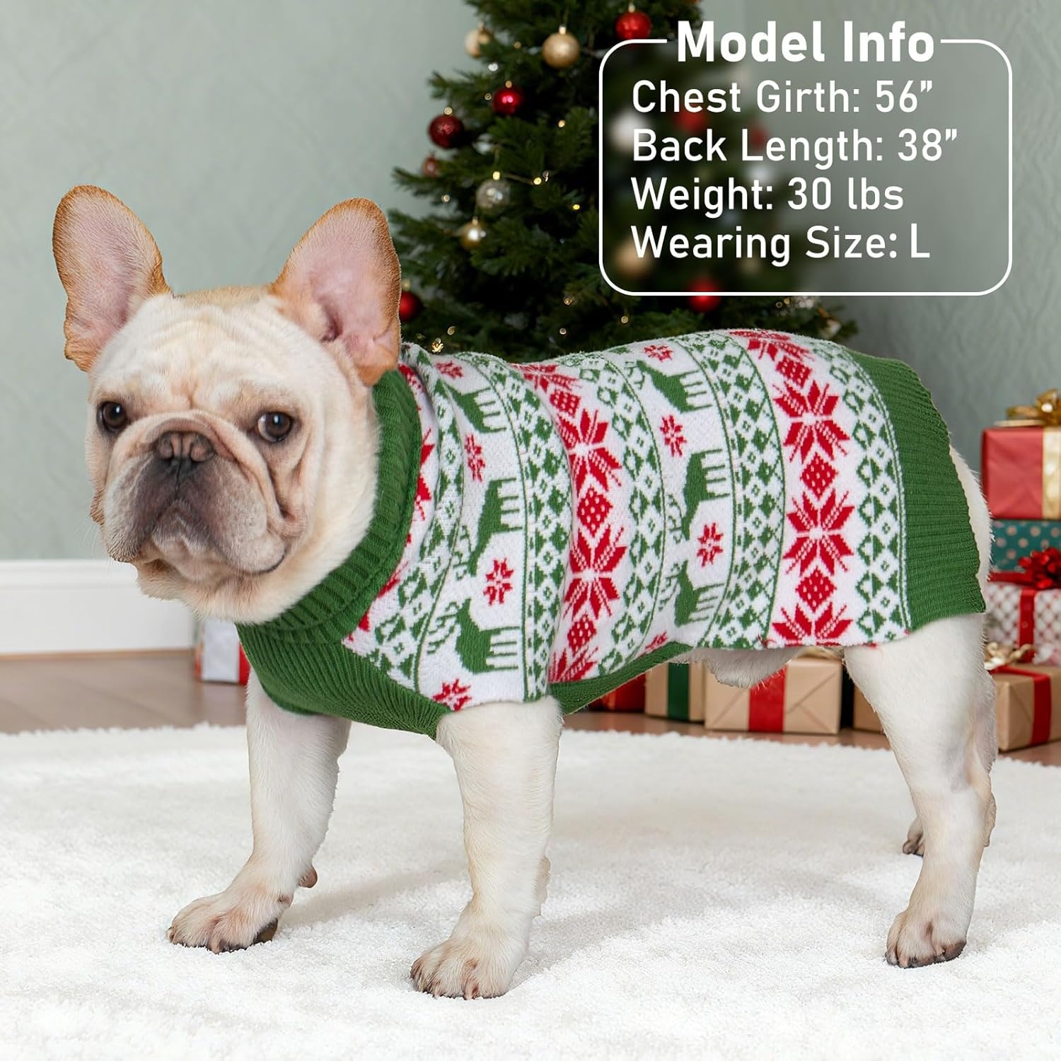 image:imageKYEESE Dog Christmas Sweater with Reindeer Pattern Cozy Holiday Outfit Turtleneck Dog Sweater for Small Dogs with Leash Hole Red Buffalo Plaid Knitwear Soft Warm Festival Dogs Clothes Large5 ChristmasGreen