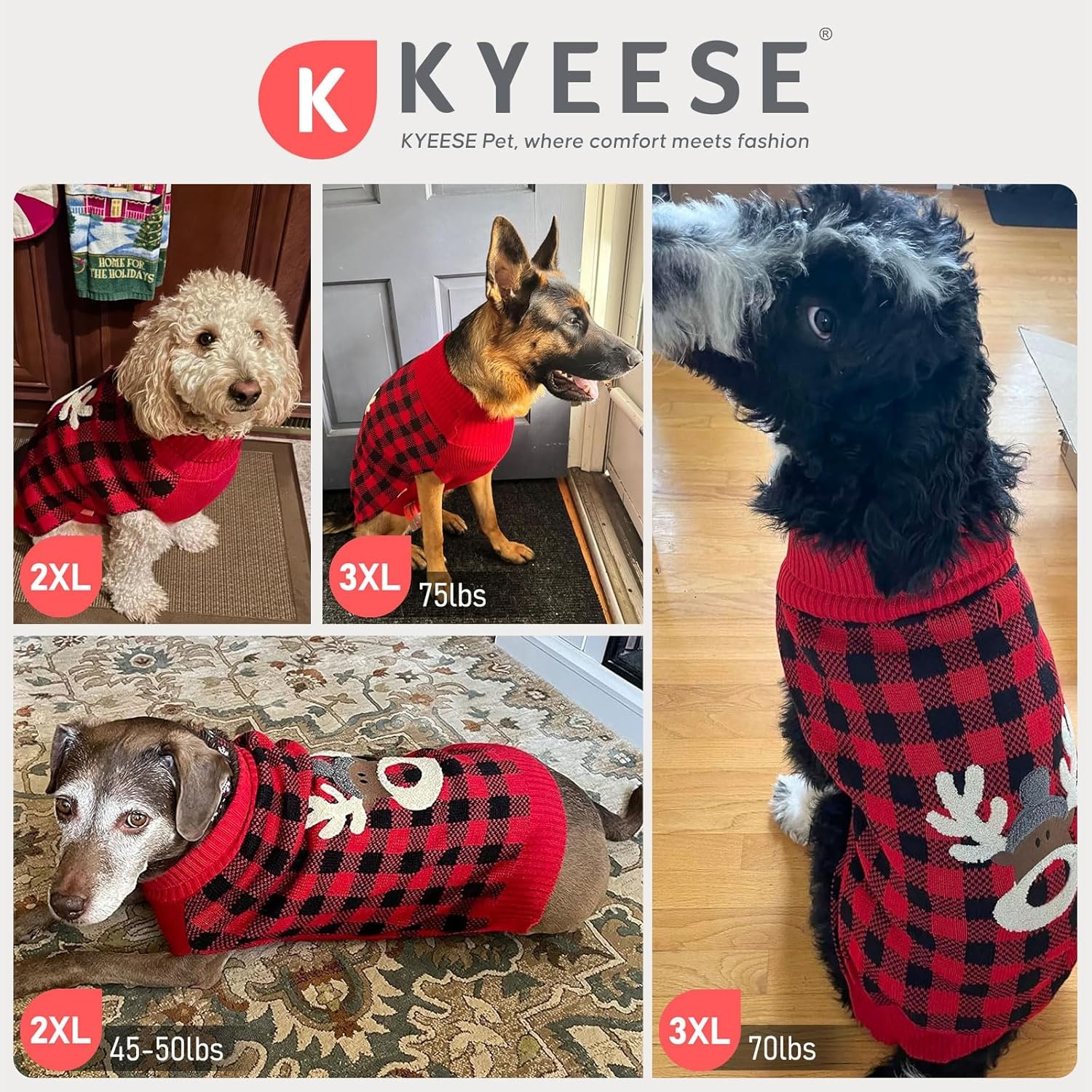 image:imageKYEESE Dog Christmas Sweater with Reindeer Pattern Cozy Holiday Outfit Turtleneck Dog Sweater for Small Dogs with Leash Hole Red Buffalo Plaid Knitwear Soft Warm Festival Dogs Clothes Large4 Snowman