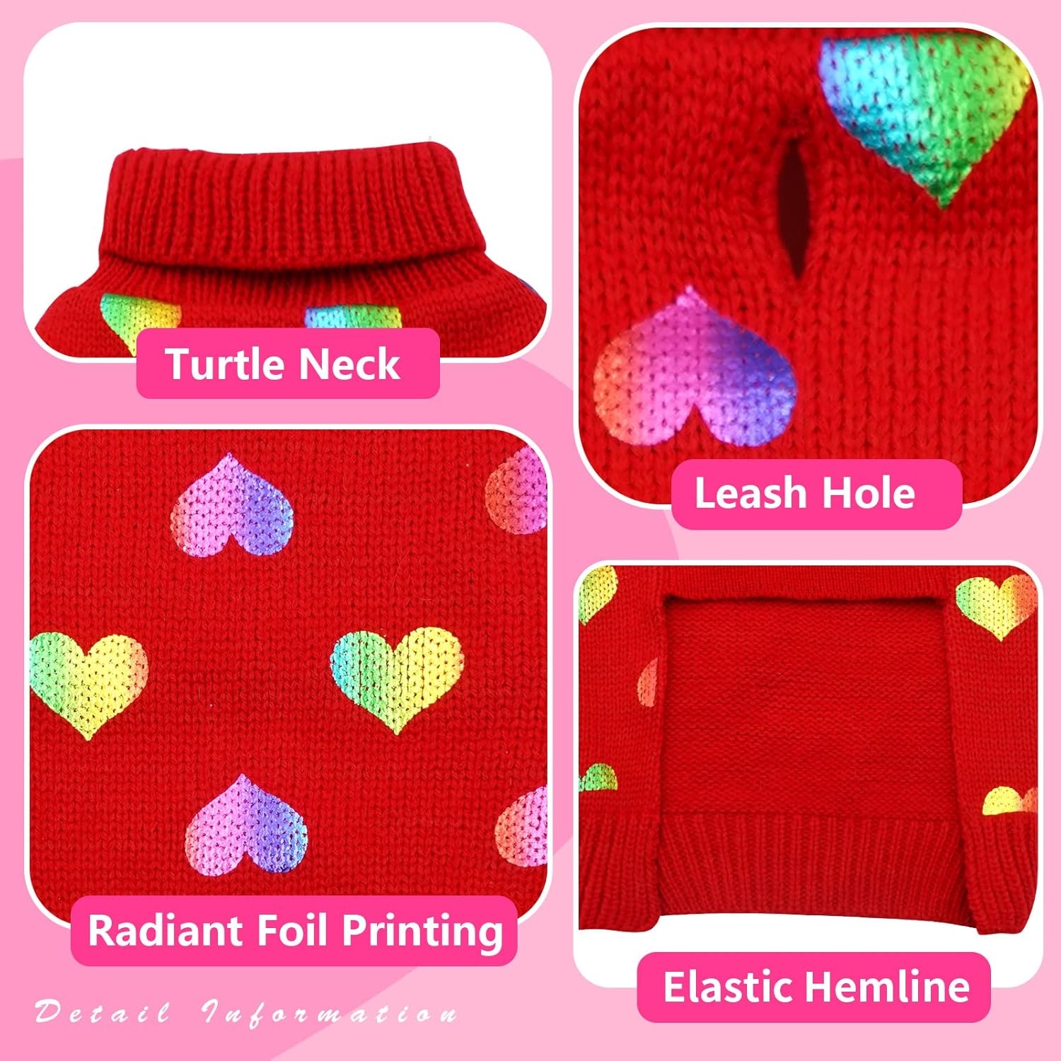 image:imageKYEESE Dog Christmas Sweater with Reindeer Pattern Cozy Holiday Outfit Turtleneck Dog Sweater for Small Dogs with Leash Hole Red Buffalo Plaid Knitwear Soft Warm Festival Dogs Clothes Large2 Heart Red