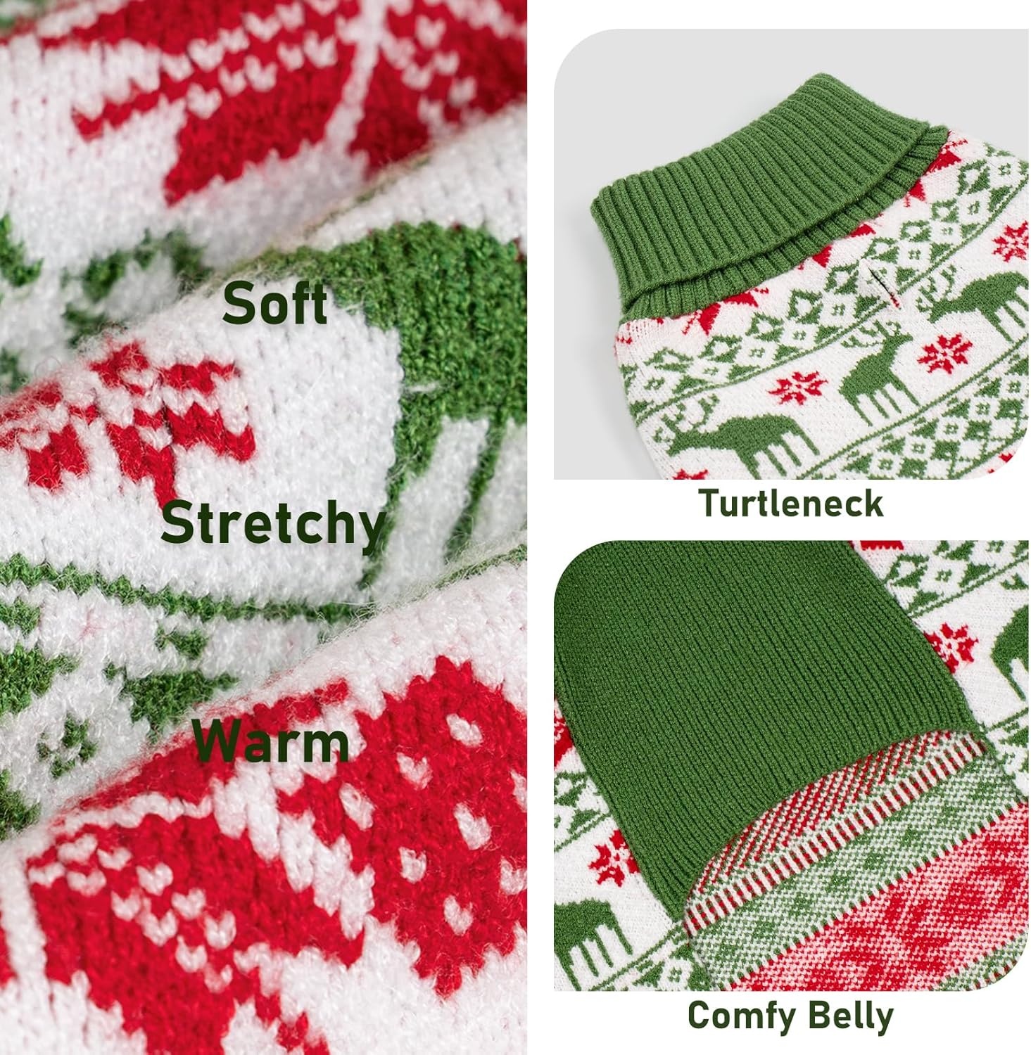 image:imageKYEESE Dog Christmas Sweater with Reindeer Pattern Cozy Holiday Outfit Turtleneck Dog Sweater for Small Dogs with Leash Hole Red Buffalo Plaid Knitwear Soft Warm Festival Dogs Clothes Large5 ChristmasGreen