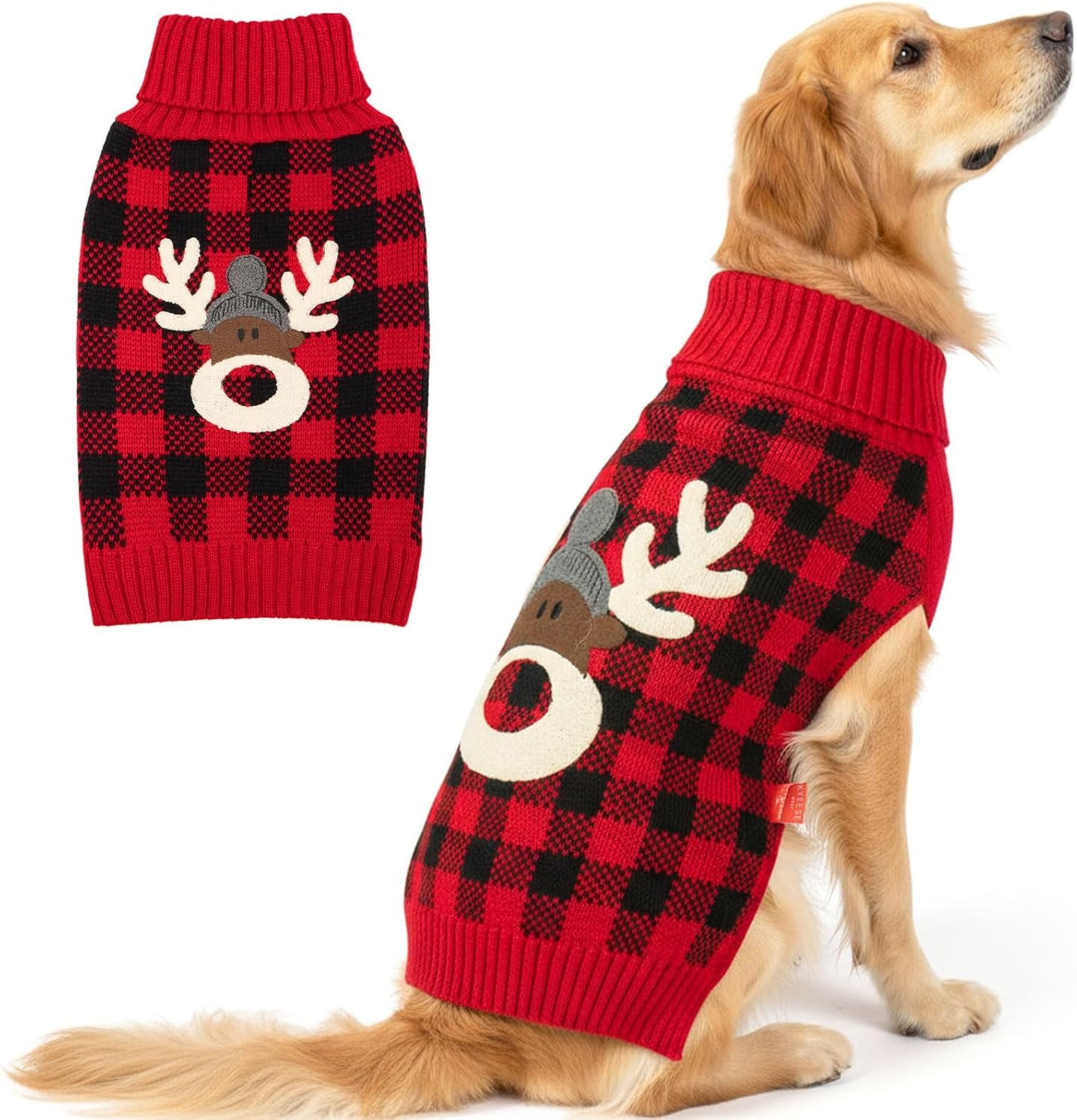 image:imageKYEESE Dog Christmas Sweater with Reindeer Pattern Cozy Holiday Outfit Turtleneck Dog Sweater for Small Dogs with Leash Hole Red Buffalo Plaid Knitwear Soft Warm Festival Dogs Clothes Large3Christmas