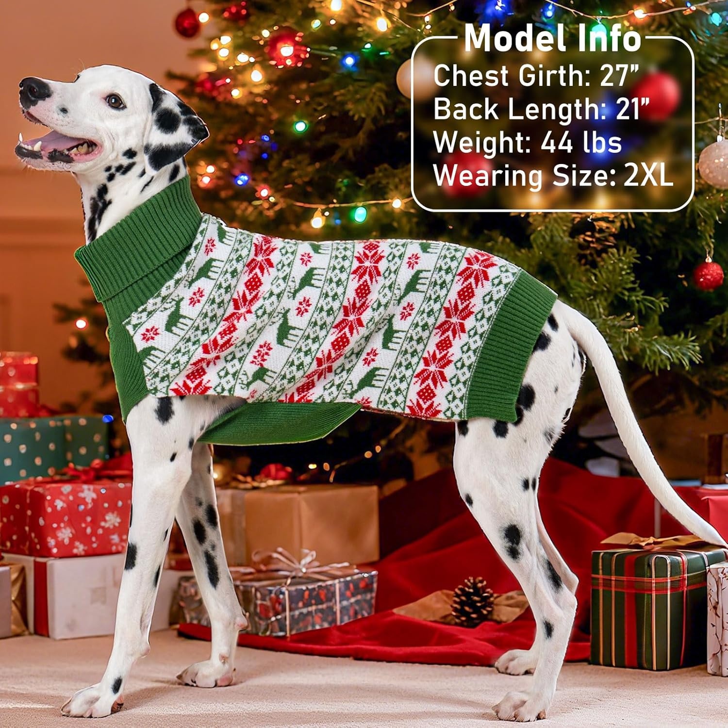 image:imageKYEESE Dog Christmas Sweater with Reindeer Pattern Cozy Holiday Outfit Turtleneck Dog Sweater for Small Dogs with Leash Hole Red Buffalo Plaid Knitwear Soft Warm Festival Dogs Clothes Large5 ChristmasGreen