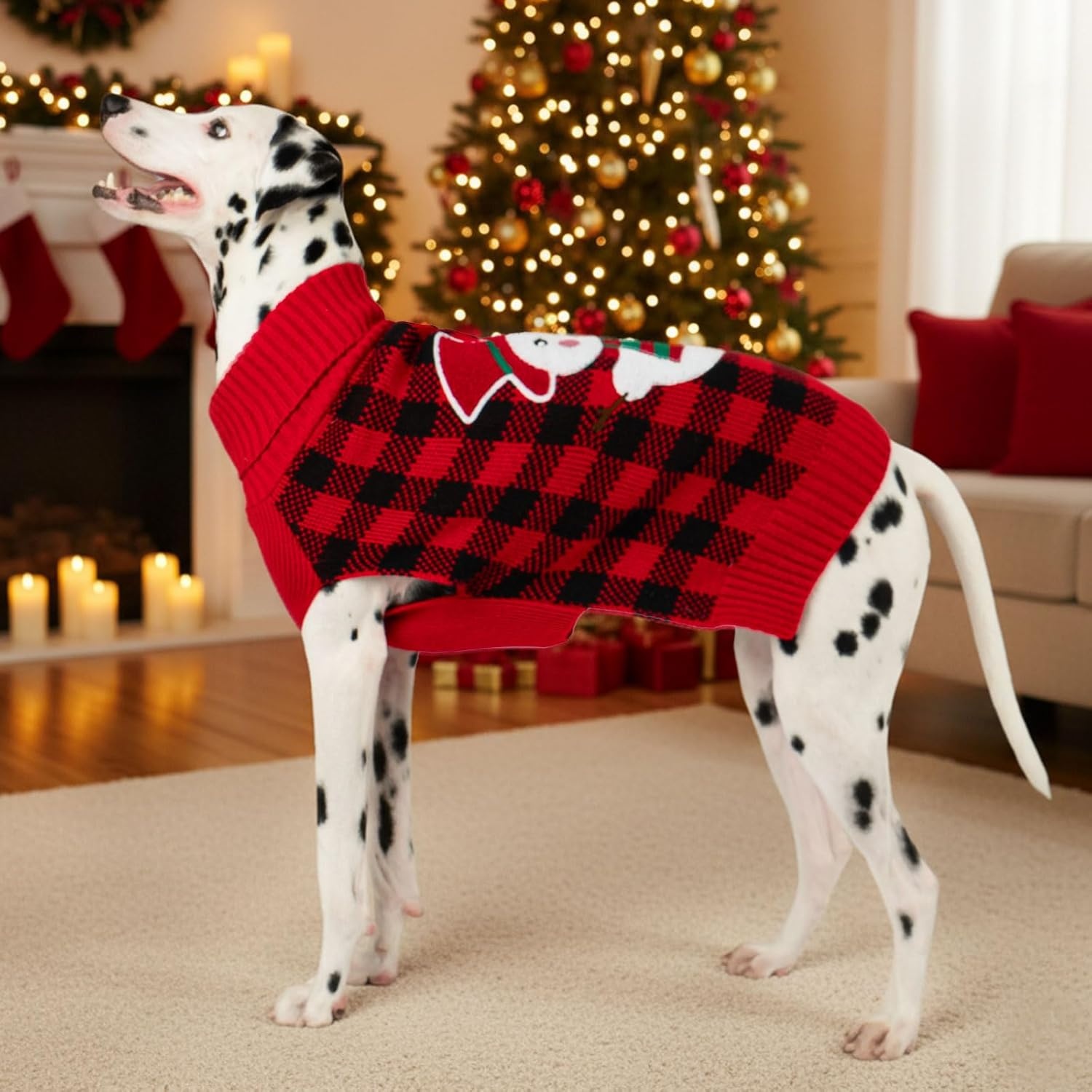 image:imageKYEESE Dog Christmas Sweater with Reindeer Pattern Cozy Holiday Outfit Turtleneck Dog Sweater for Small Dogs with Leash Hole Red Buffalo Plaid Knitwear Soft Warm Festival Dogs Clothes Large4 Snowman