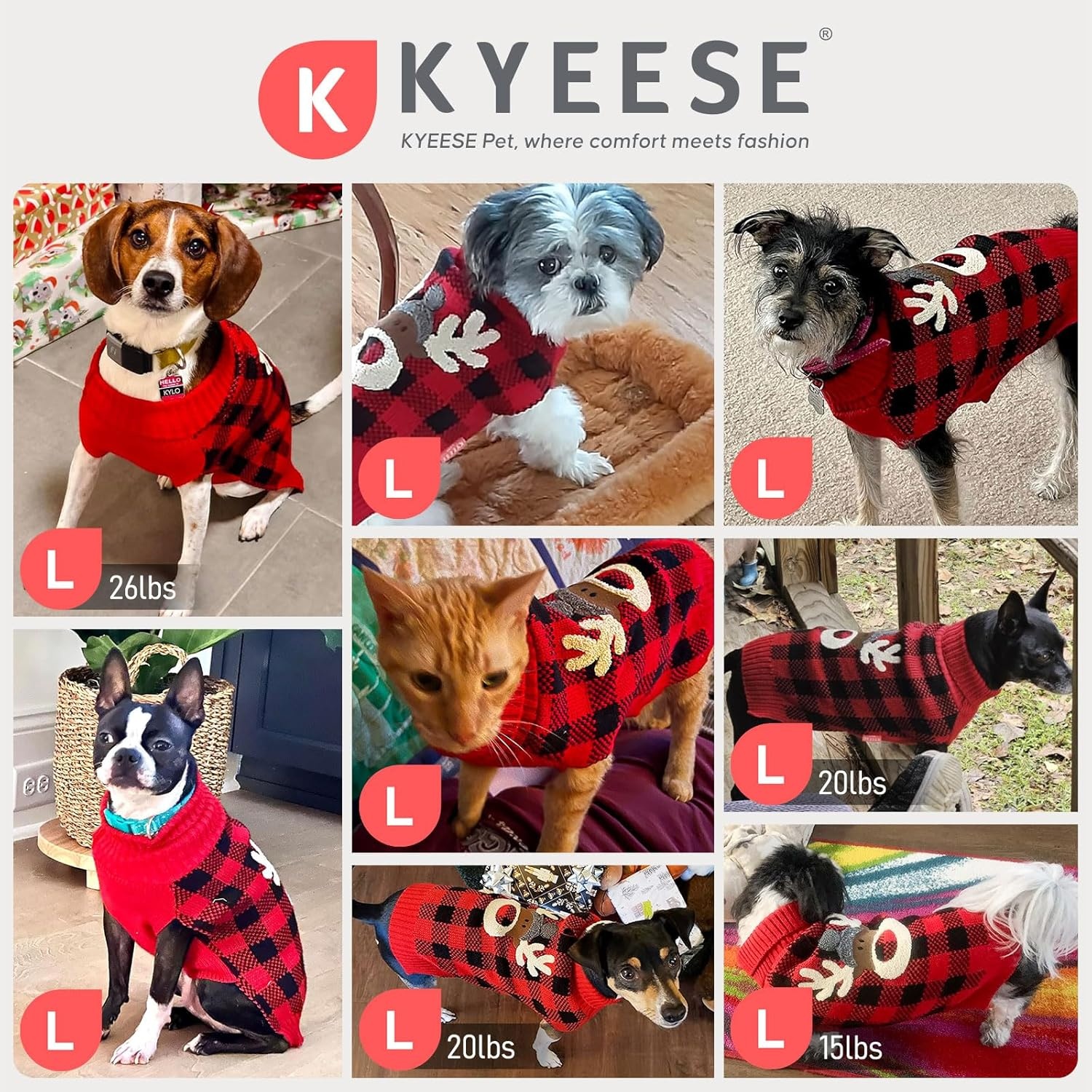 image:imageKYEESE Dog Christmas Sweater with Reindeer Pattern Cozy Holiday Outfit Turtleneck Dog Sweater for Small Dogs with Leash Hole Red Buffalo Plaid Knitwear Soft Warm Festival Dogs Clothes Large3Christmas