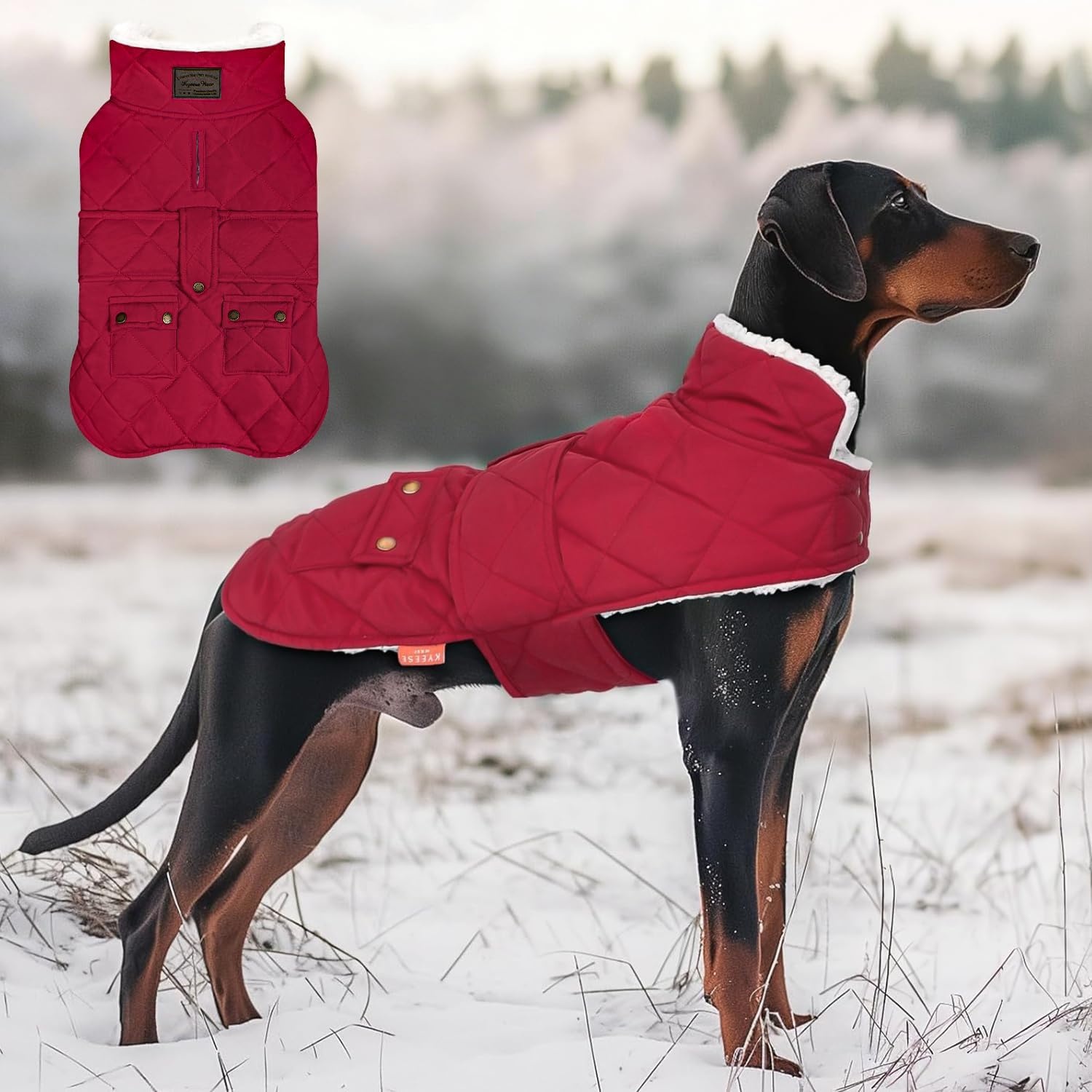 image:imageKYEESE Dog Coat Thick Pets Clothes with Pocket Windproof Dog Coats for Small Dogs Waterproof Dogs Jacket with Fleece Lined Warm Pet Winter Puffer Coat with Leash Hole Soft Pet Sweater for Cold Weather02 Red