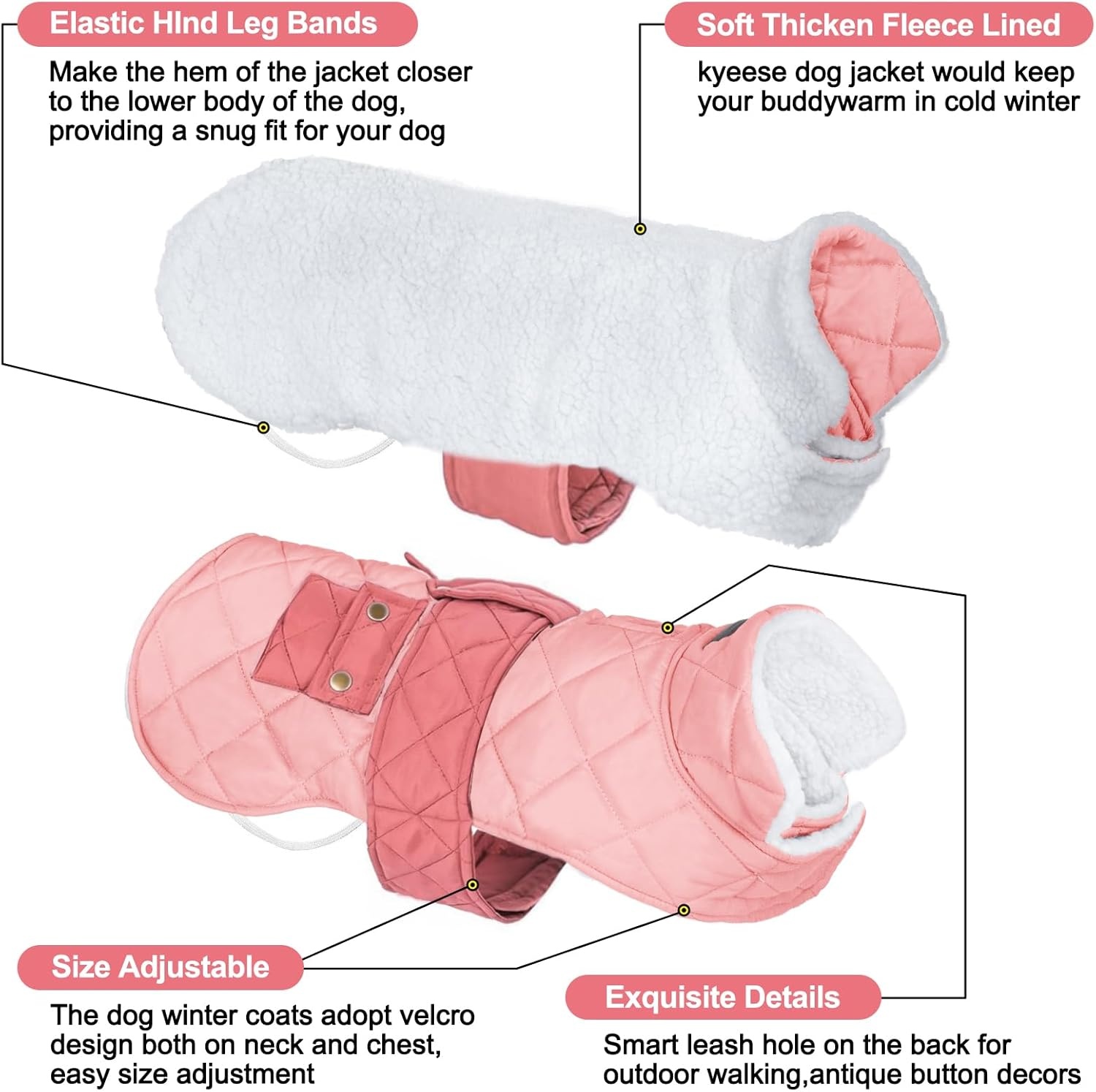 image:imageKYEESE Dog Coat Thick Pets Clothes with Pocket Windproof Dog Coats for Small Dogs Waterproof Dogs Jacket with Fleece Lined Warm Pet Winter Puffer Coat with Leash Hole Soft Pet Sweater for Cold Weather04 Pink