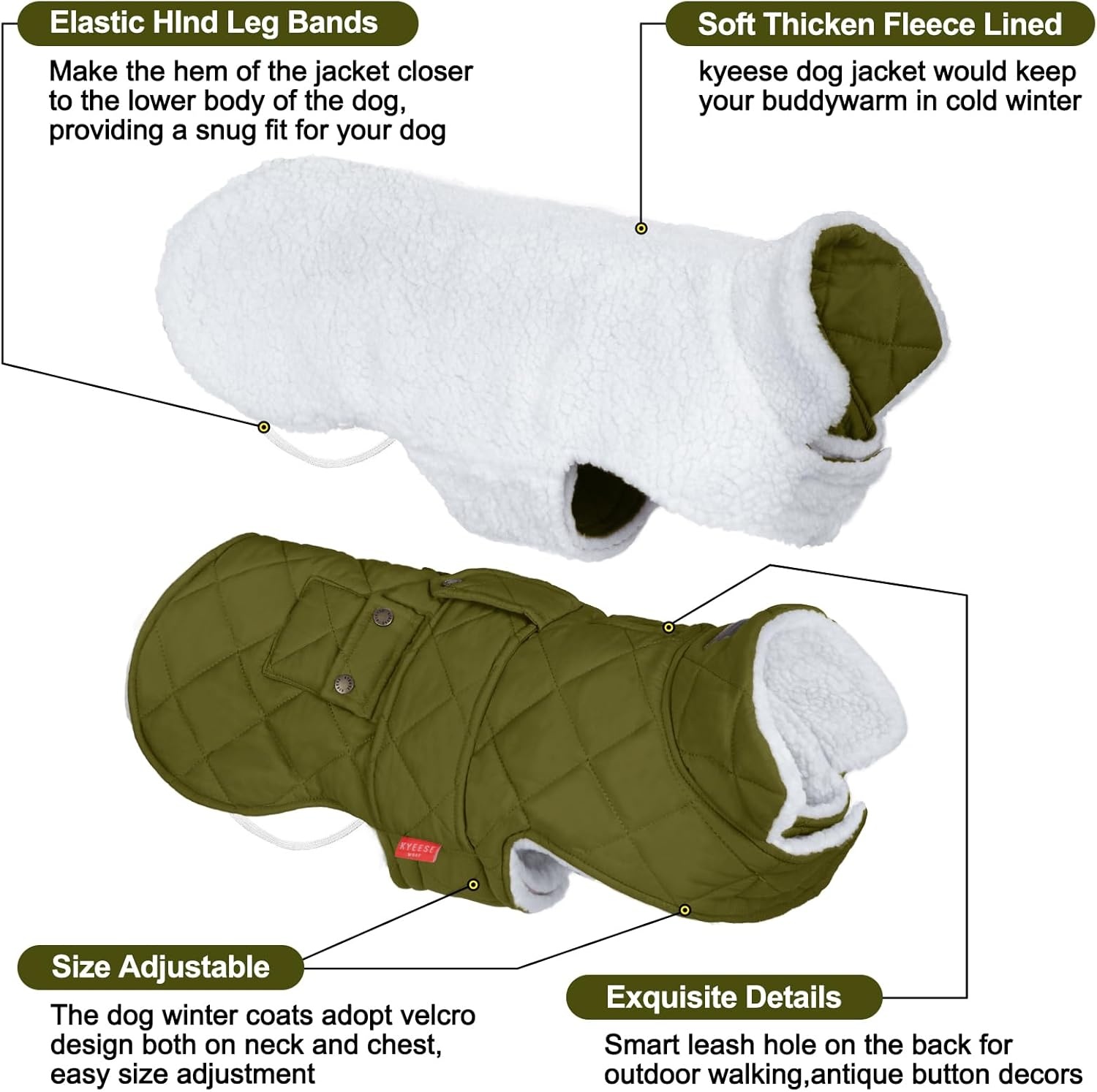 image:imageKYEESE Dog Coat Thick Pets Clothes with Pocket Windproof Dog Coats for Small Dogs Waterproof Dogs Jacket with Fleece Lined Warm Pet Winter Puffer Coat with Leash Hole Soft Pet Sweater for Cold Weather06 Army Green