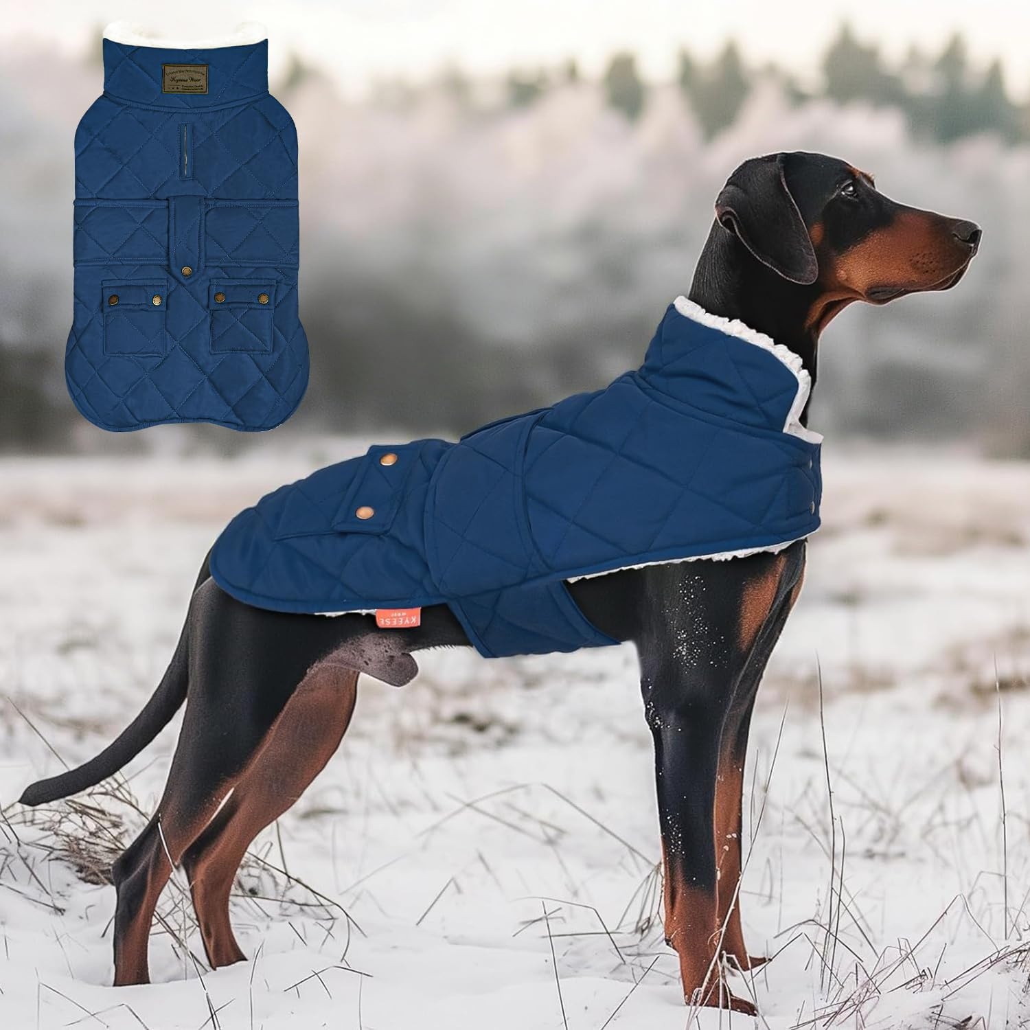 image:imageKYEESE Dog Coat Thick Pets Clothes with Pocket Windproof Dog Coats for Small Dogs Waterproof Dogs Jacket with Fleece Lined Warm Pet Winter Puffer Coat with Leash Hole Soft Pet Sweater for Cold Weather01 Blue