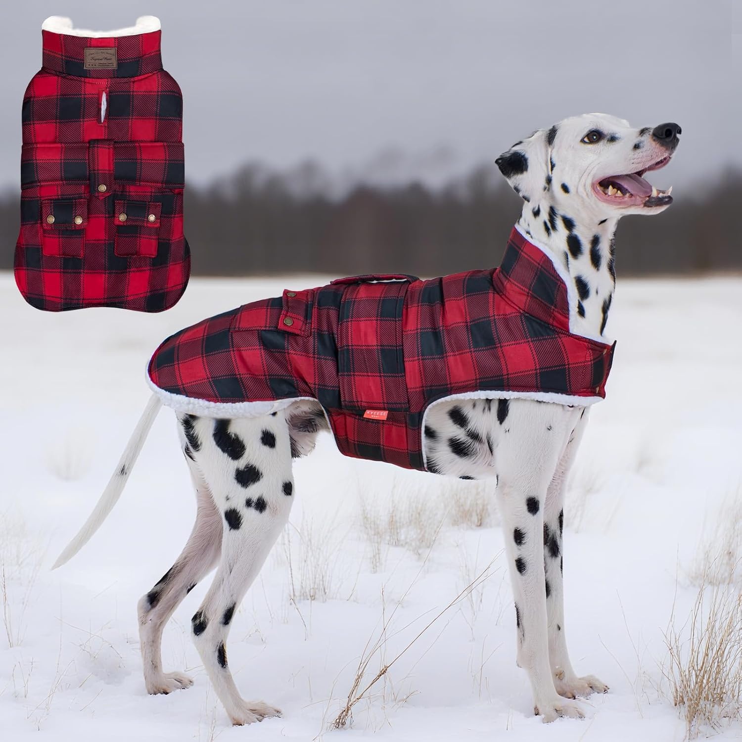 image:imageKYEESE Dog Coat Thick Pets Clothes with Pocket Windproof Dog Coats for Small Dogs Waterproof Dogs Jacket with Fleece Lined Warm Pet Winter Puffer Coat with Leash Hole Soft Pet Sweater for Cold Weather12Red Plaid