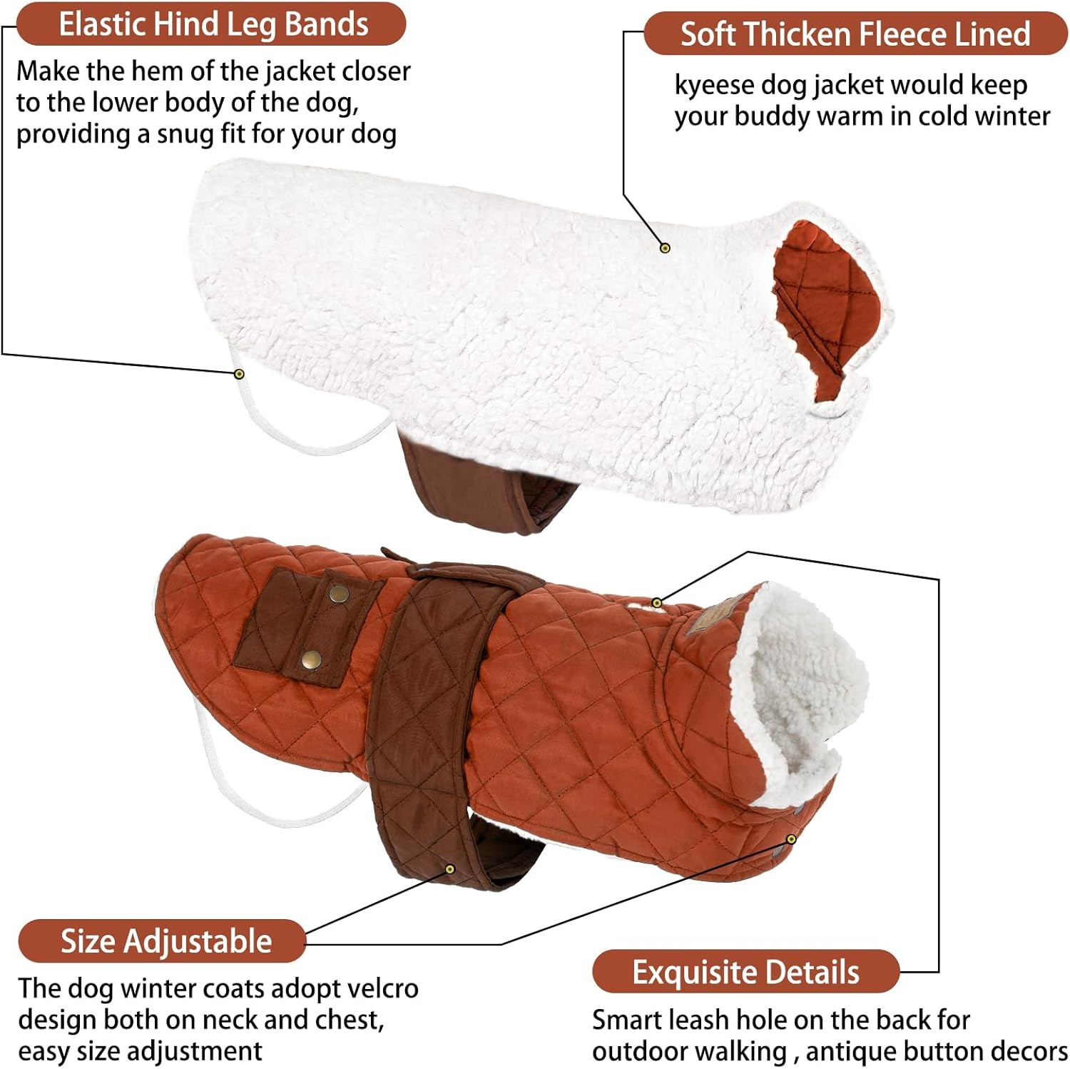 image:imageKYEESE Dog Coat Thick Pets Clothes with Pocket Windproof Dog Coats for Small Dogs Waterproof Dogs Jacket with Fleece Lined Warm Pet Winter Puffer Coat with Leash Hole Soft Pet Sweater for Cold Weather09 Brown