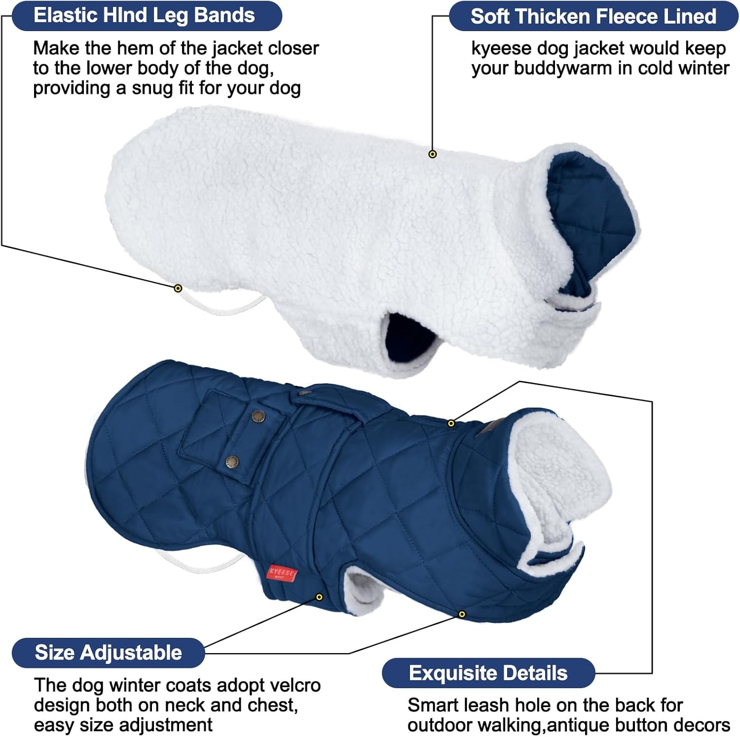image:imageKYEESE Dog Coat Thick Pets Clothes with Pocket Windproof Dog Coats for Small Dogs Waterproof Dogs Jacket with Fleece Lined Warm Pet Winter Puffer Coat with Leash Hole Soft Pet Sweater for Cold Weather01 Blue