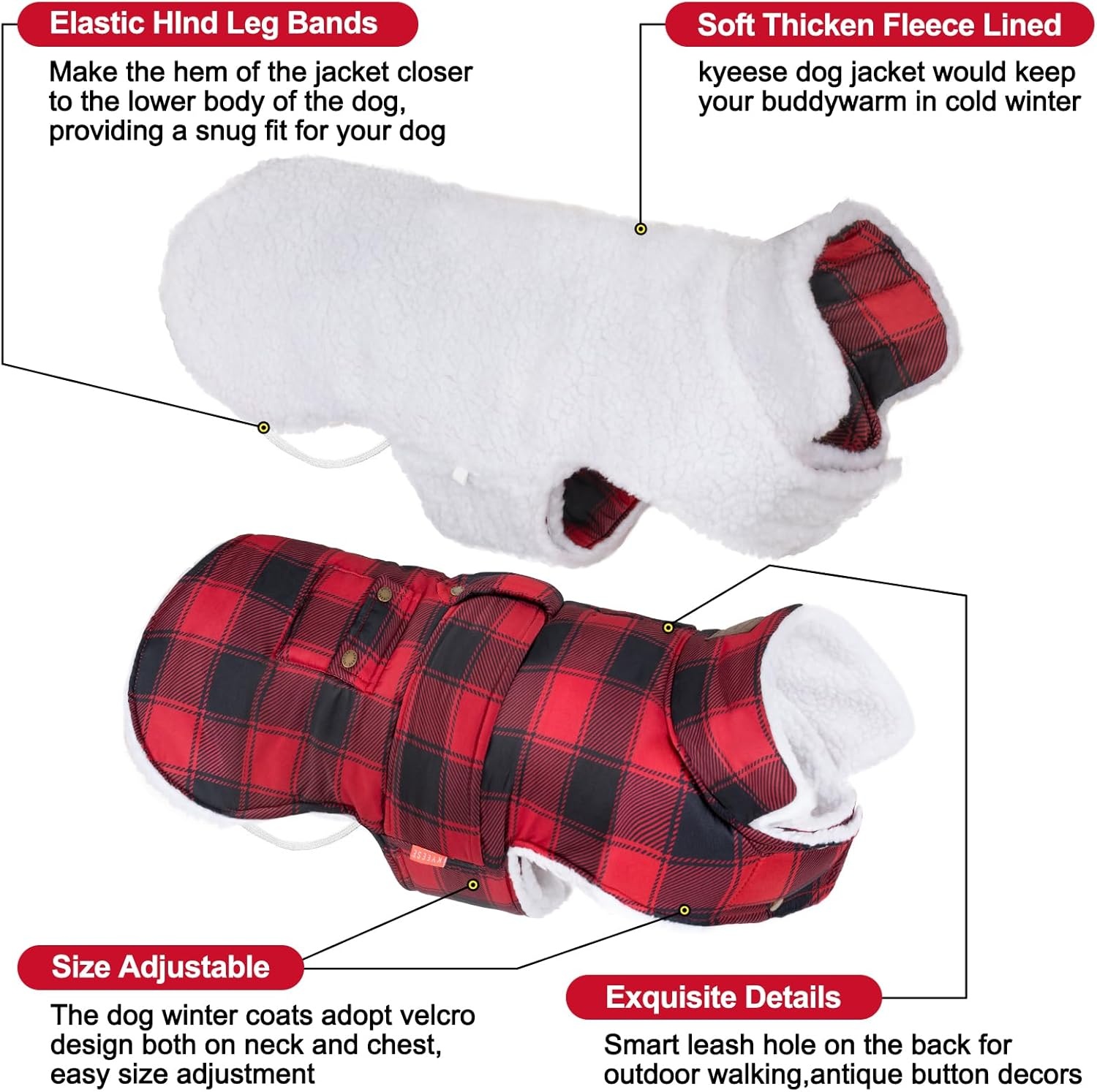 image:imageKYEESE Dog Coat Thick Pets Clothes with Pocket Windproof Dog Coats for Small Dogs Waterproof Dogs Jacket with Fleece Lined Warm Pet Winter Puffer Coat with Leash Hole Soft Pet Sweater for Cold Weather12Red Plaid