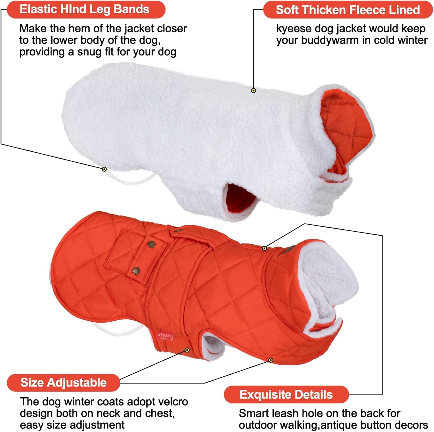 image:imageKYEESE Dog Coat Thick Pets Clothes with Pocket Windproof Dog Coats for Small Dogs Waterproof Dogs Jacket with Fleece Lined Warm Pet Winter Puffer Coat with Leash Hole Soft Pet Sweater for Cold Weather05Orange