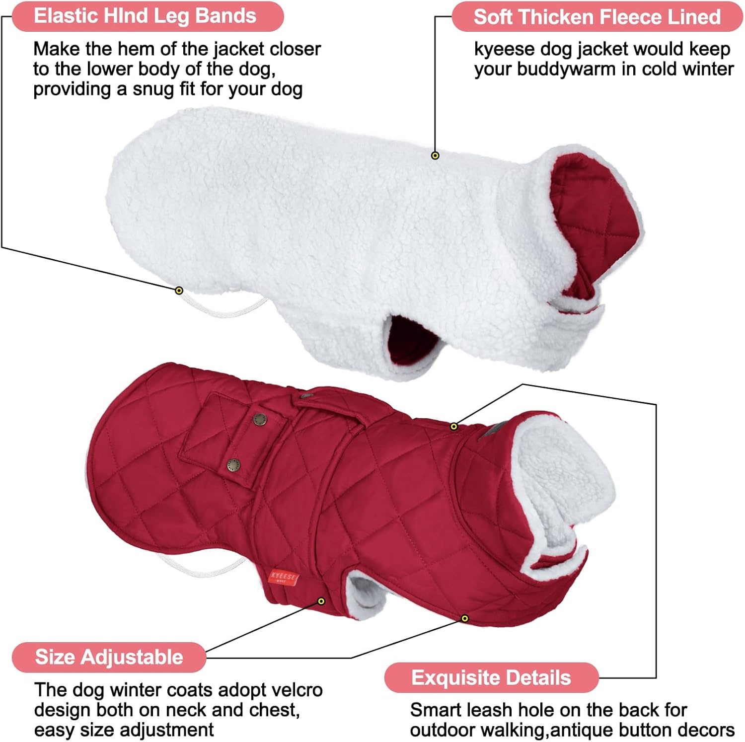 image:imageKYEESE Dog Coat Thick Pets Clothes with Pocket Windproof Dog Coats for Small Dogs Waterproof Dogs Jacket with Fleece Lined Warm Pet Winter Puffer Coat with Leash Hole Soft Pet Sweater for Cold Weather02 Red