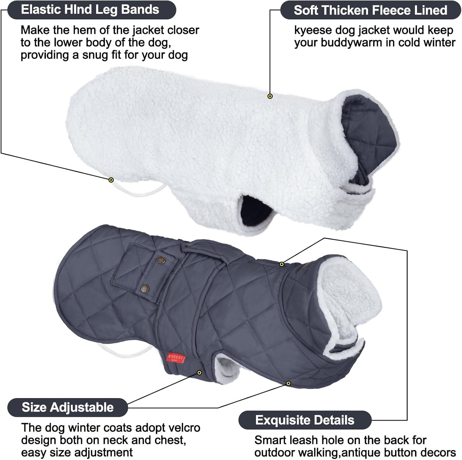 image:imageKYEESE Dog Coat Thick Pets Clothes with Pocket Windproof Dog Coats for Small Dogs Waterproof Dogs Jacket with Fleece Lined Warm Pet Winter Puffer Coat with Leash Hole Soft Pet Sweater for Cold Weather03 Gray