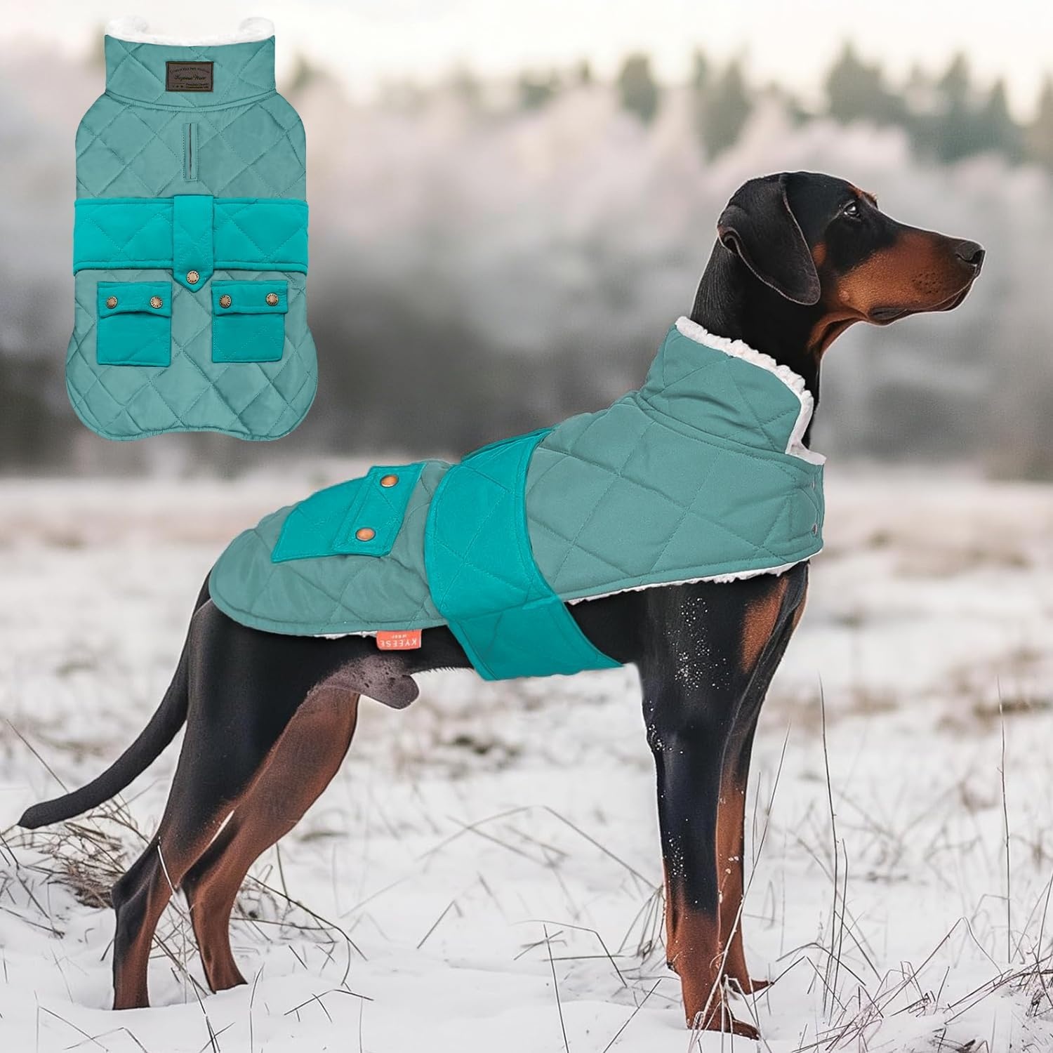 image:imageKYEESE Dog Coat Thick Pets Clothes with Pocket Windproof Dog Coats for Small Dogs Waterproof Dogs Jacket with Fleece Lined Warm Pet Winter Puffer Coat with Leash Hole Soft Pet Sweater for Cold Weather10 Mist Blue