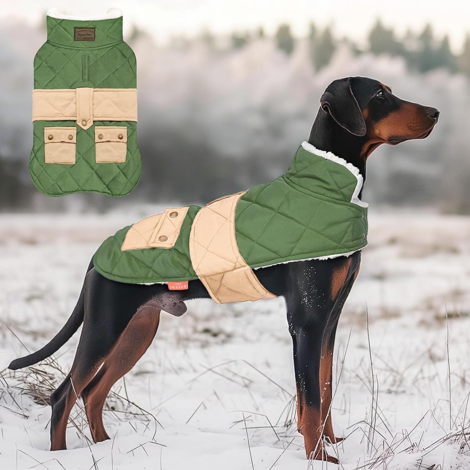 image:imageKYEESE Dog Coat Thick Pets Clothes with Pocket Windproof Dog Coats for Small Dogs Waterproof Dogs Jacket with Fleece Lined Warm Pet Winter Puffer Coat with Leash Hole Soft Pet Sweater for Cold Weather11 Green