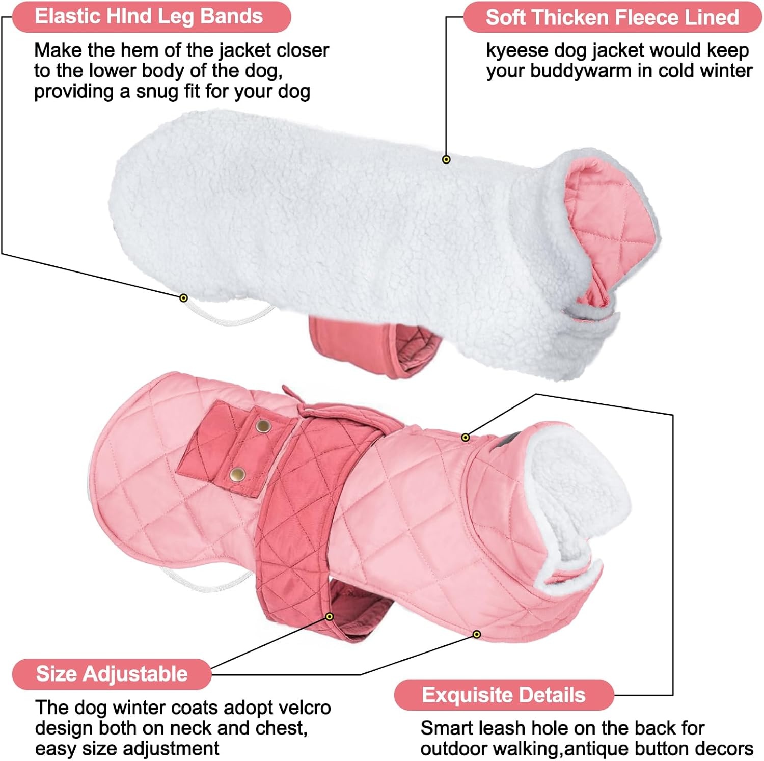 image:imageKYEESE Dog Coat Thick Pets Clothes with Pocket Windproof Dog Coats for Small Dogs Waterproof Dogs Jacket with Fleece Lined Warm Pet Winter Puffer Coat with Leash Hole Soft Pet Sweater for Cold Weather04 Pink